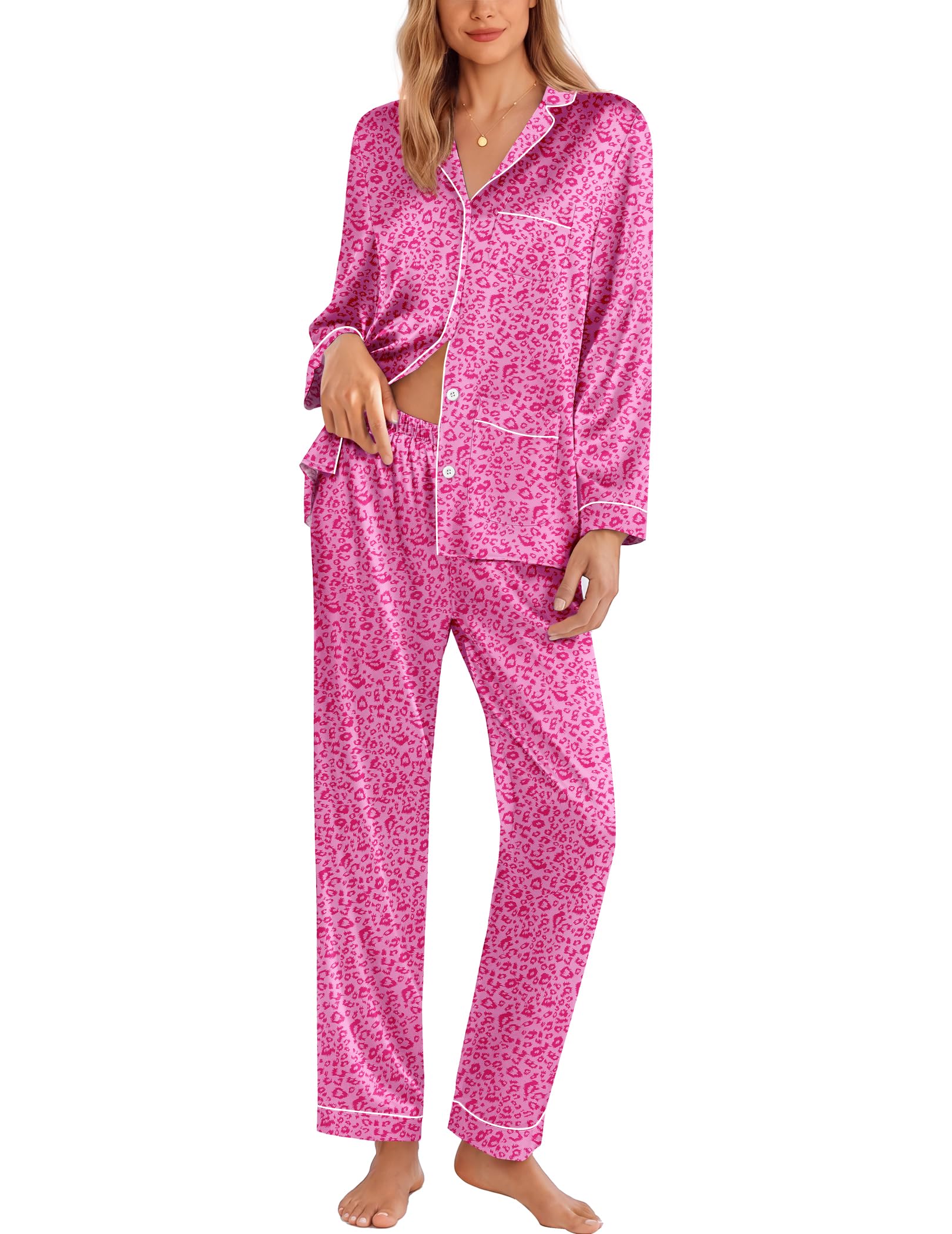 Ekouaer Pajamas for Women Silk Satin Button Down Long Sleeve Pajama Sets