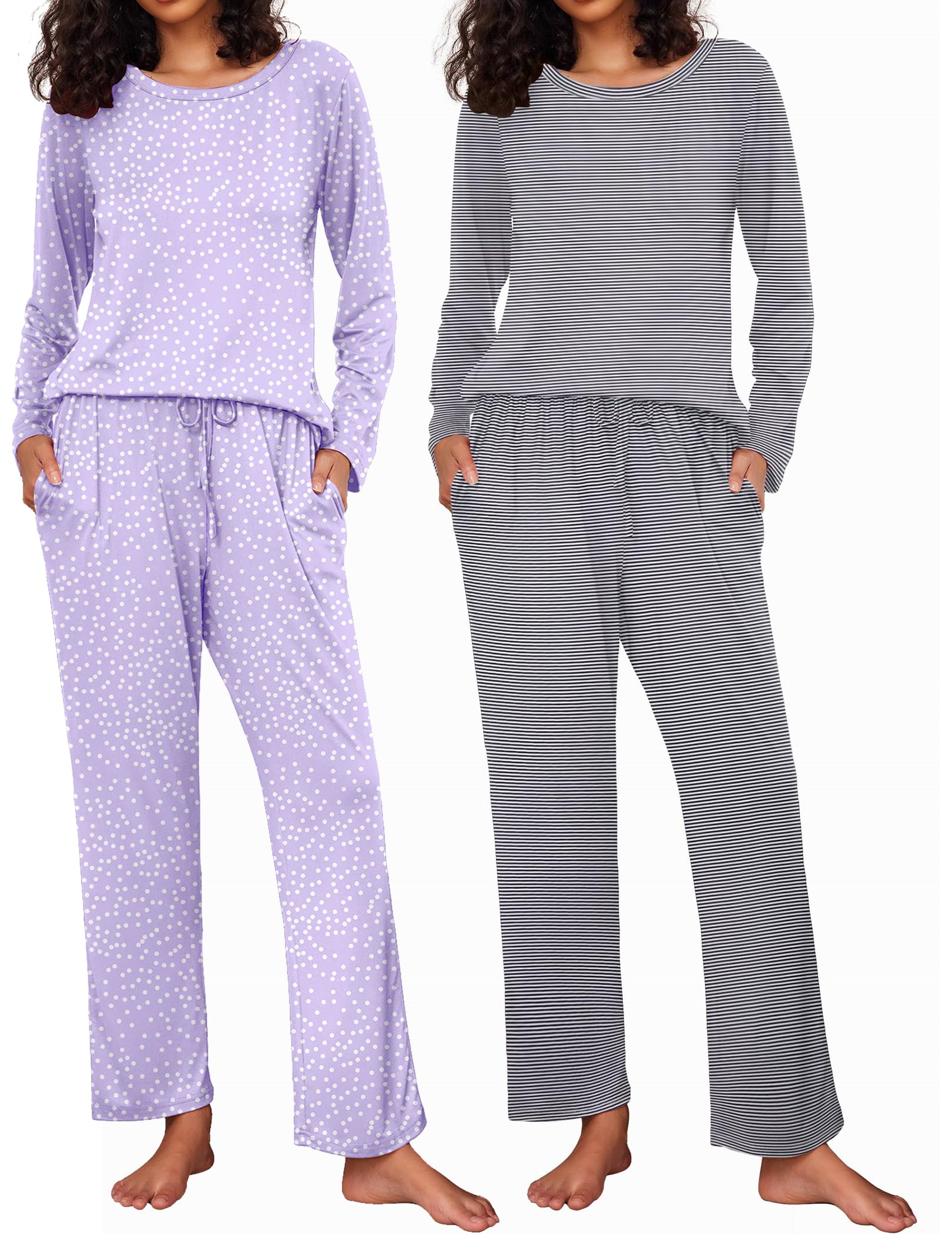 Ekouaer Women's 2 Pack Pajama Sets Long Sleeve Lounge Set Soft Comfy Pjs