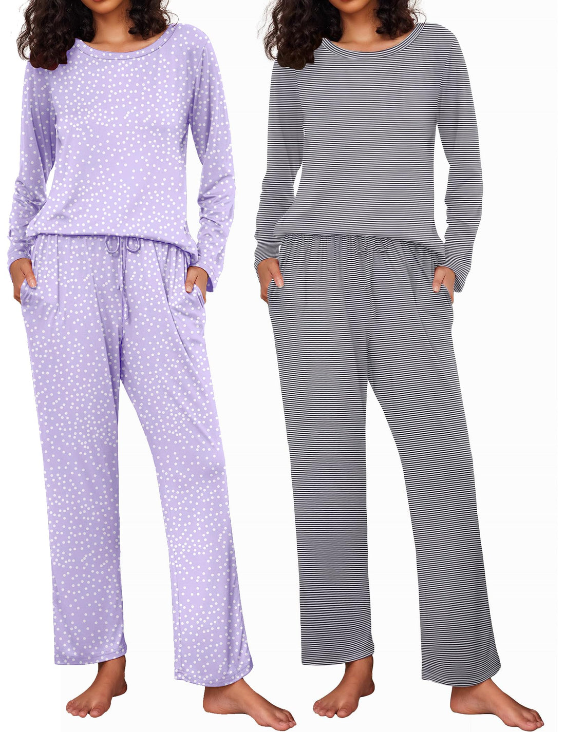 Ekouaer Women's 2 Pack Pajama Sets Long Sleeve Lounge Set Soft Comfy Pjs