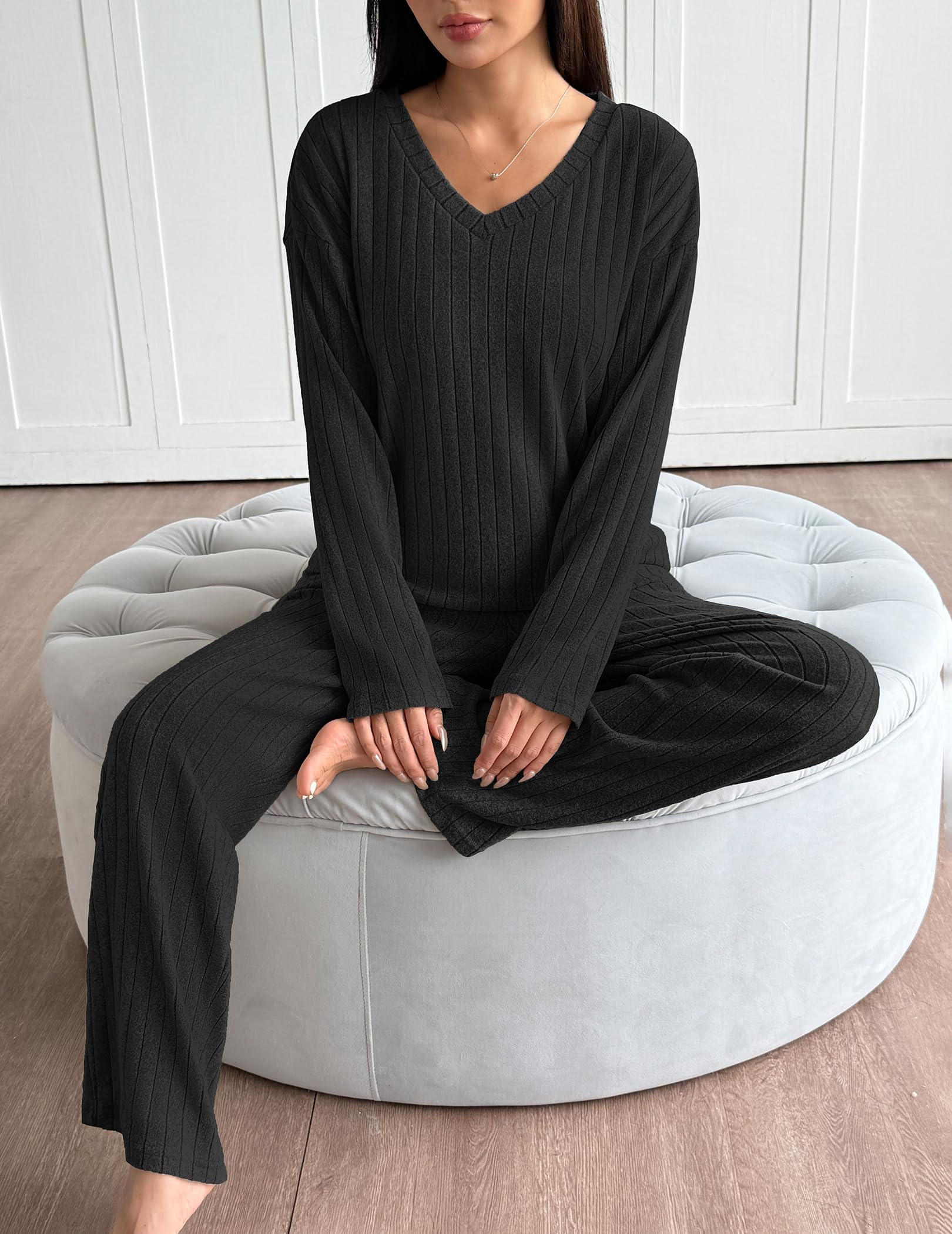 Ekouaer Lounge Sets for Women Long Sleeve Knit Ribbed Pajama Sets 2 Piece Casual Loungewear with Pockets