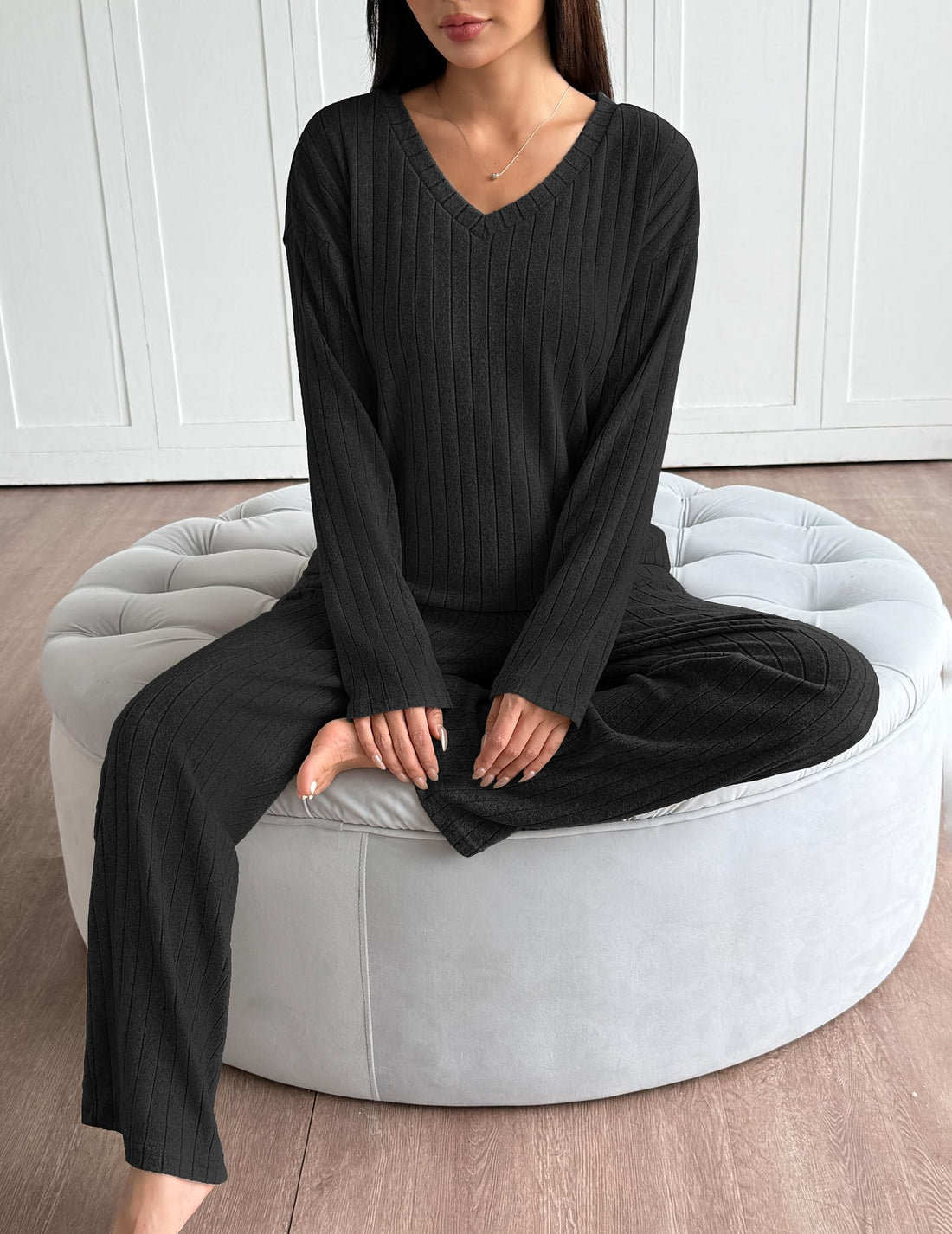 Ekouaer Lounge Sets for Women Long Sleeve Knit Ribbed Pajama Sets 2 Piece Casual Loungewear with Pockets