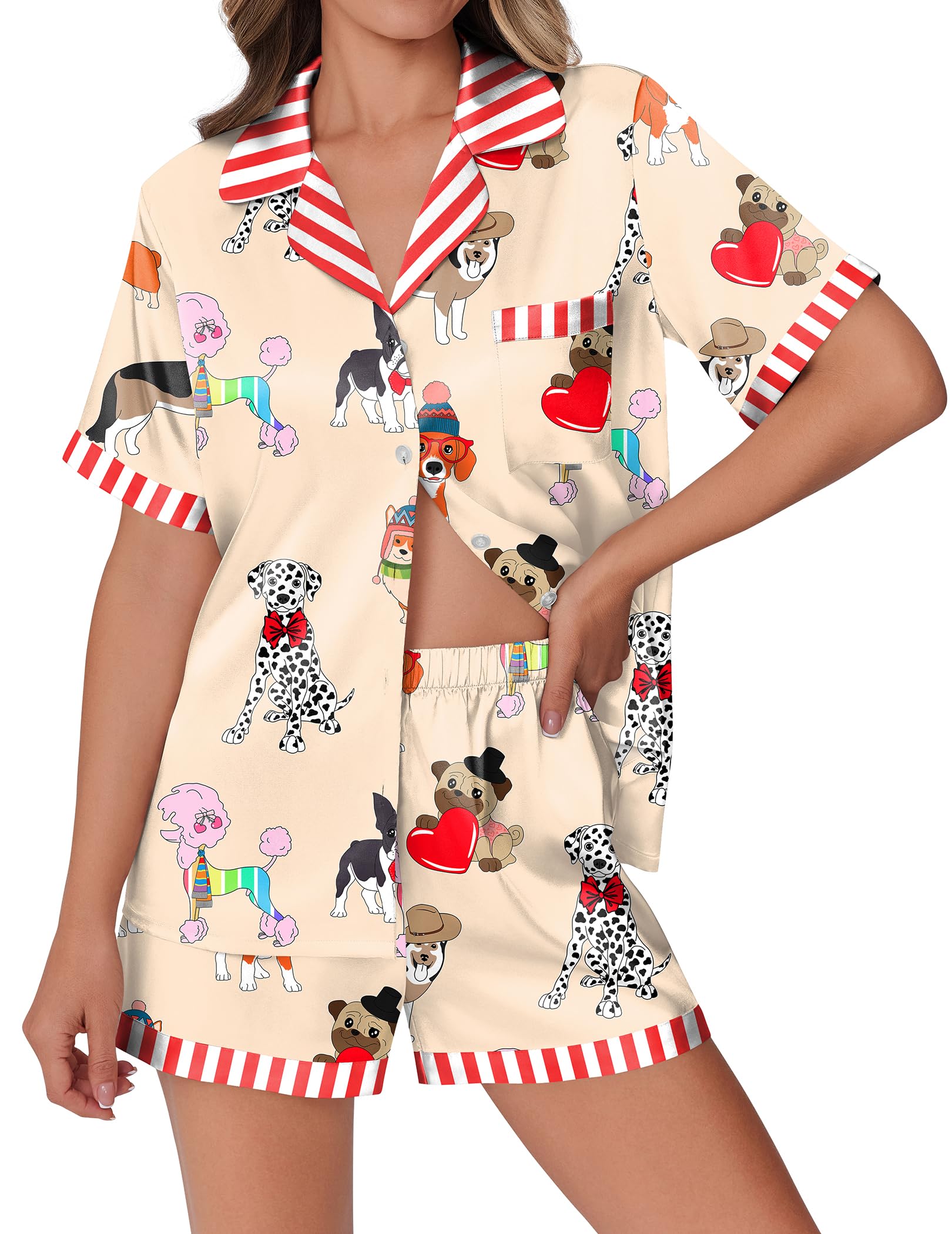 Ekouaer Womens Silky Satin Pajamas Set Short Sleeve Colorful Print Pjs