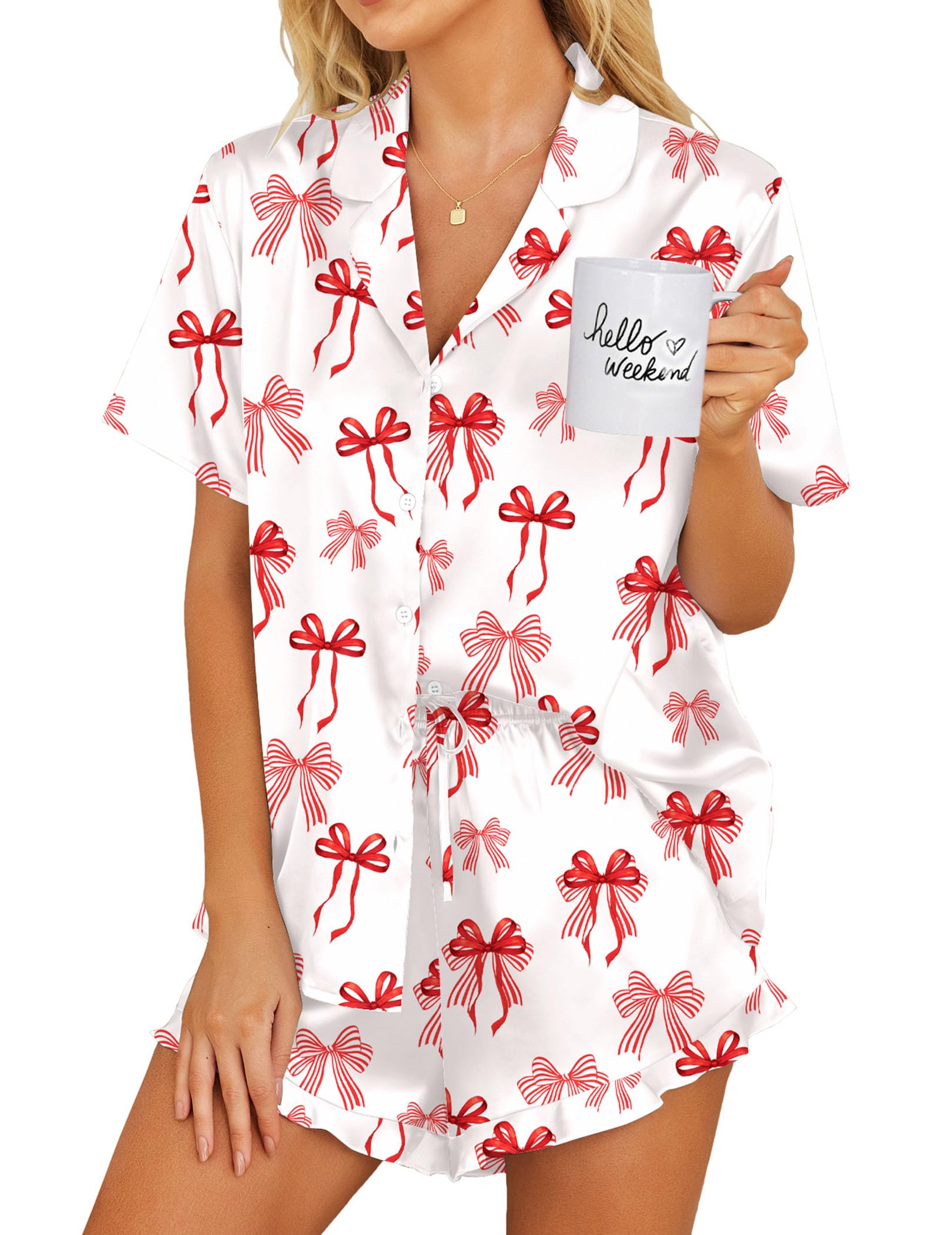 Ekouaer Womens Satin Pajamas Set Button Down 2 Piece Silk Pjs Shorts Set Ruffle Lingerie Notch Collar Sleepwear
