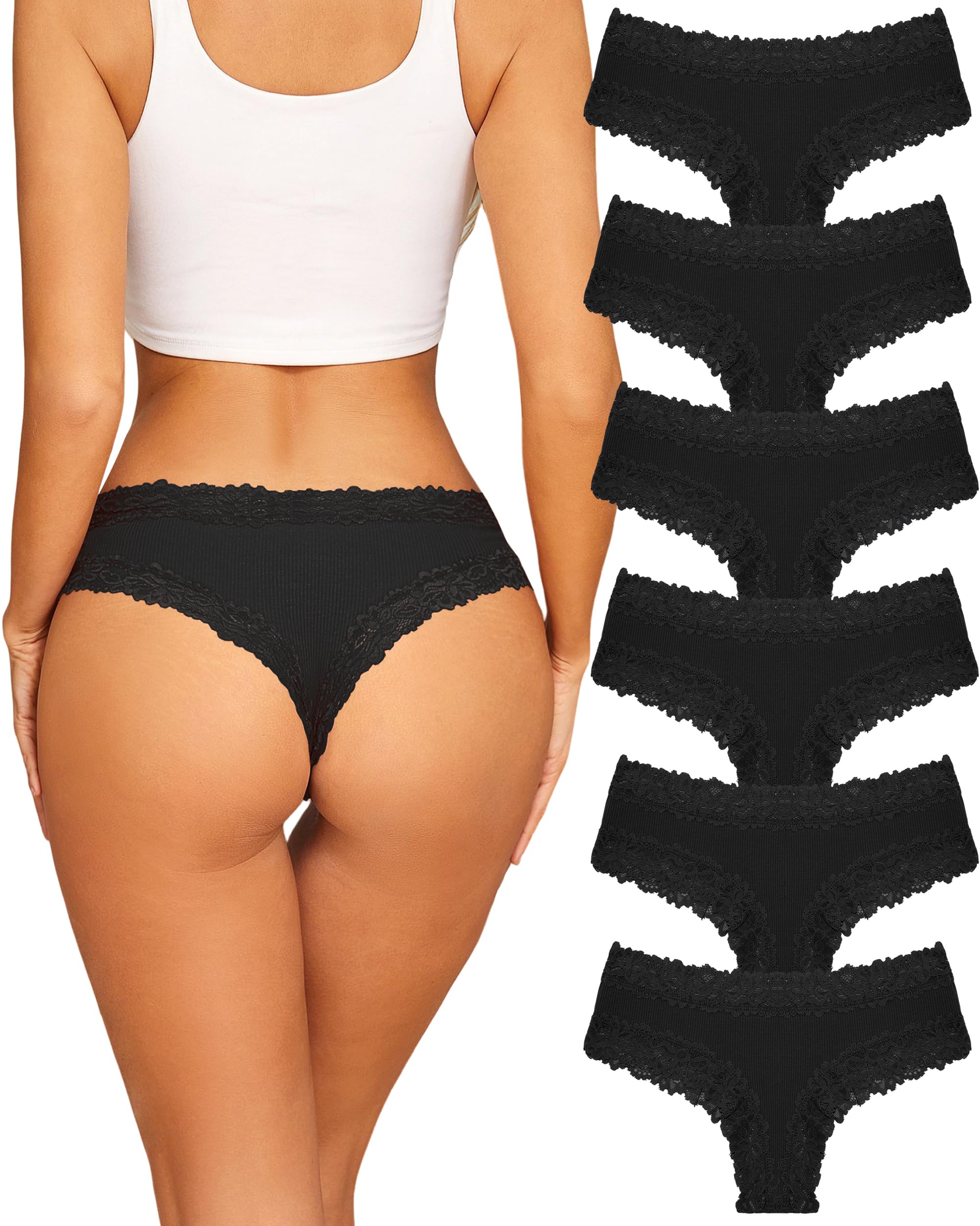 Sth Big Womens Cotton Underwear Sexy Lace Brazilian Panties Soft Breathable Cotton Bikini for Ladies 6 Pack