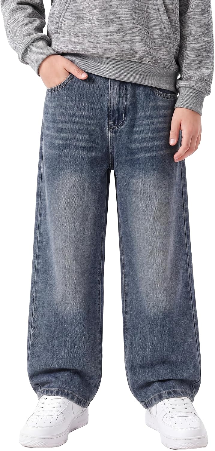 PATPAT Boys Baggy Jeans, Classic Straight Leg Jeans for Boys, 5-14 | Comfort & Breathable Boys' Jeans, Elastic Baggy Pants for Growing Child, School Attire, Outdoor, Gift Giving