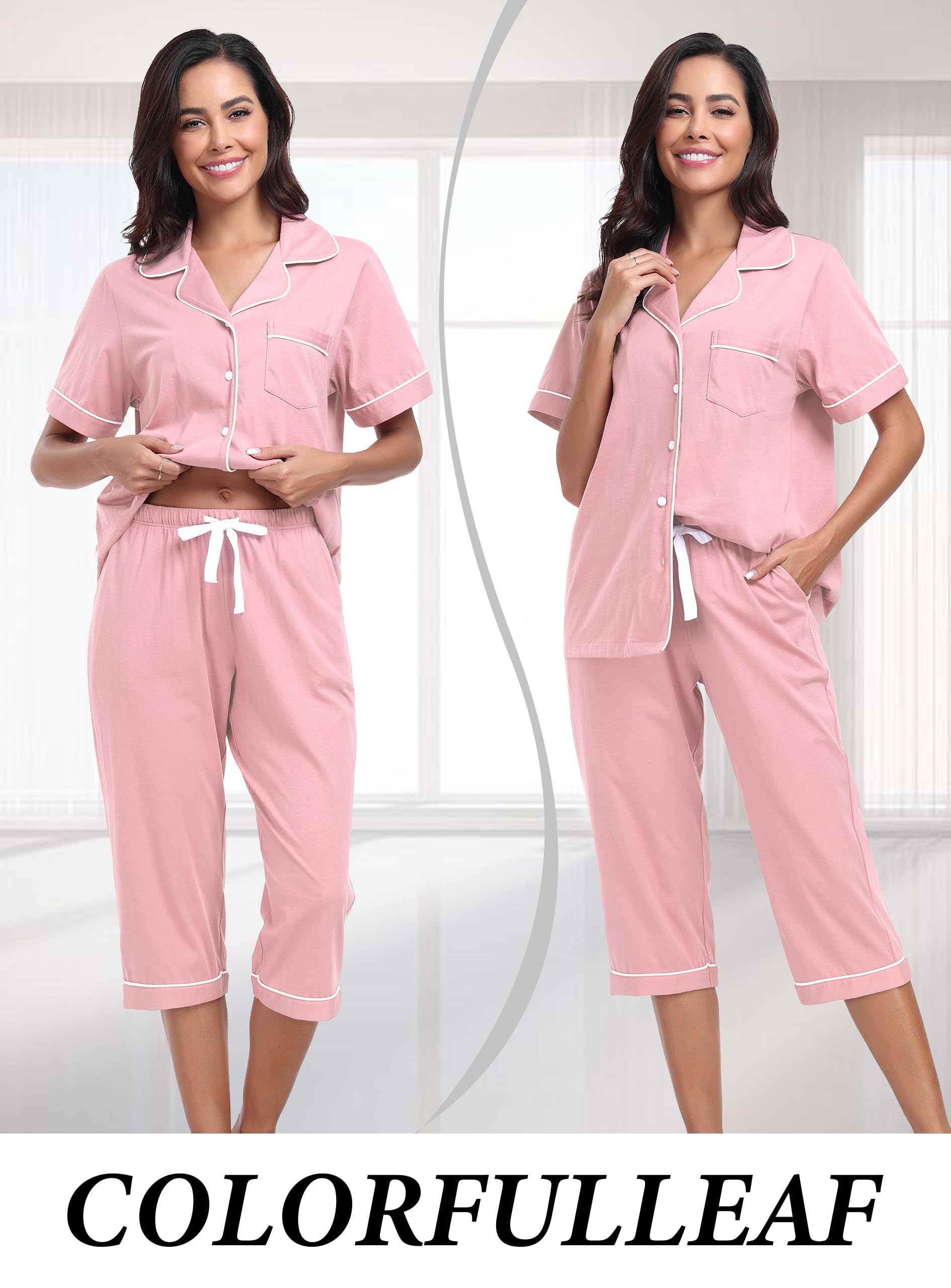 COLORFULLEAF 100% Cotton Women's Pajama Sets Short Sleeve Capri Pajamas for Women Set Button Down Pjs Soft Sleepwear Summer