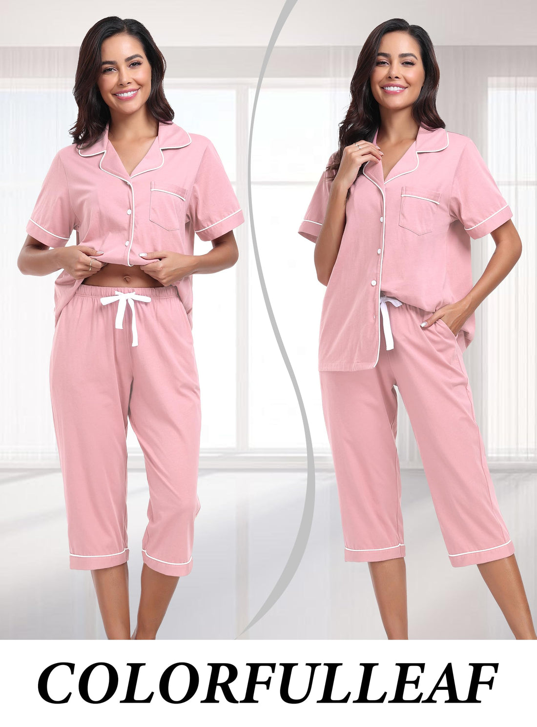 COLORFULLEAF 100% Cotton Women's Pajama Sets Short Sleeve Capri Pajamas for Women Set Button Down Pjs Soft Sleepwear Summer