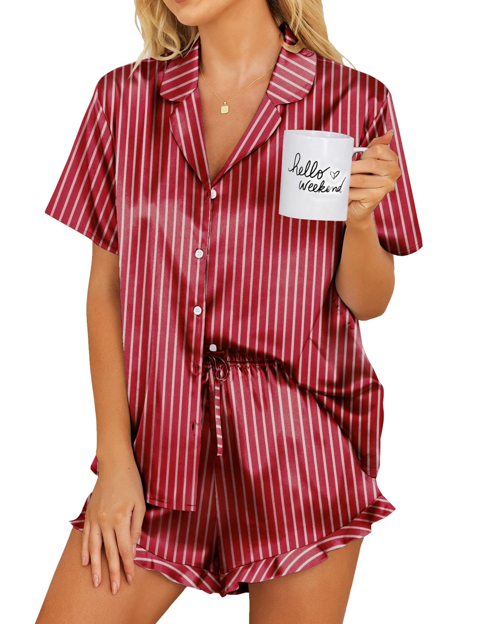 Ekouaer Womens Satin Pajamas Set Button Down 2 Piece Silk Pjs Shorts Set Ruffle Lingerie Notch Collar Sleepwear