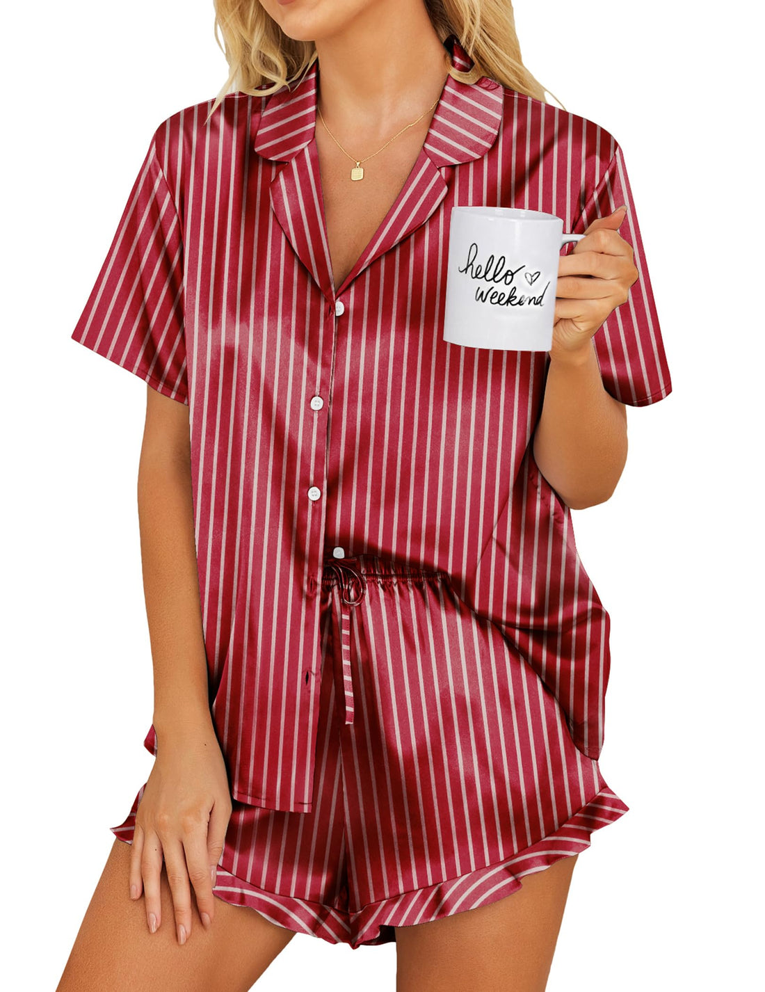 Ekouaer Womens Satin Pajamas Set Button Down 2 Piece Silk Pjs Shorts Set Ruffle Lingerie Notch Collar Sleepwear