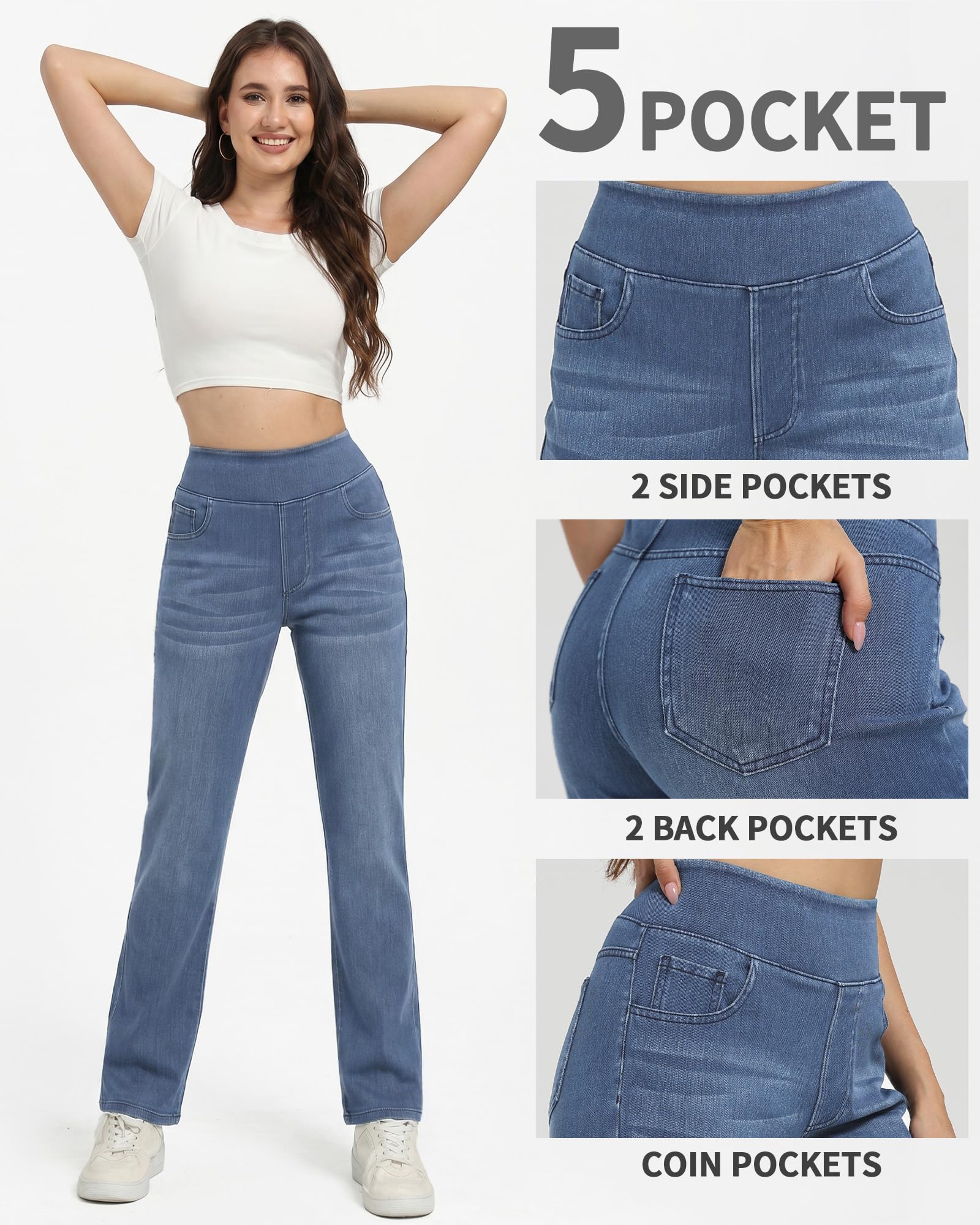 Pull on Straight Leg Jeans for Women Stretchy Sweatpant Jeans Elastic High Waist Tummy Control Trendy Denim Pants