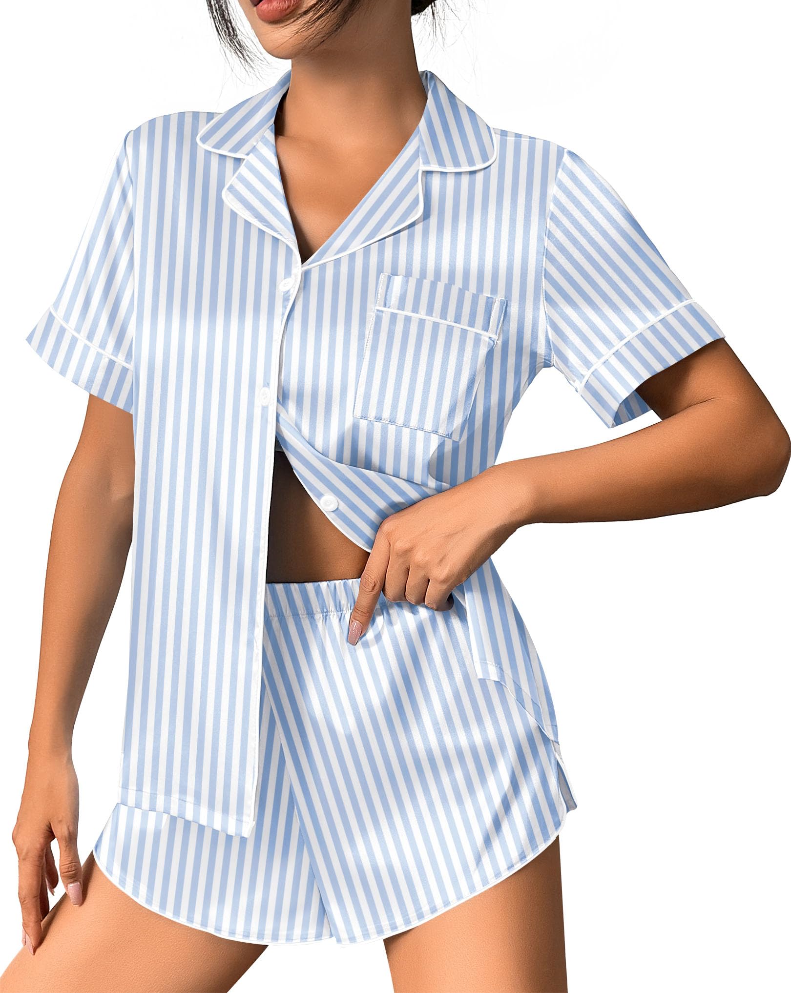 Ekouaer Womens Silk Satin Pajama Set Print Short Sleeve Sleepwear Button Down Pjs Shorts Set Loungewear