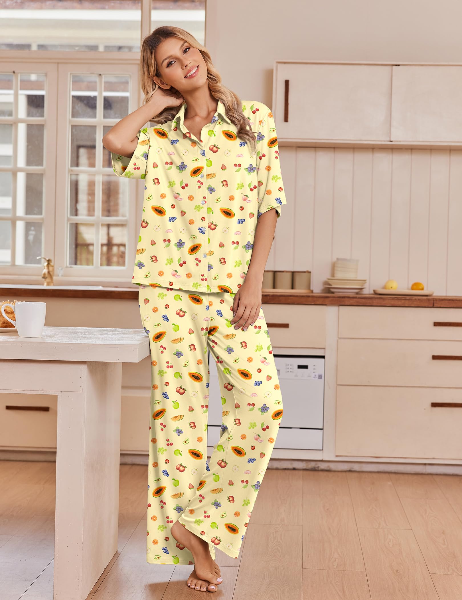 Ekouaer Pajamas for Women Set Button Up Short Sleeve Pjs with Long Pants