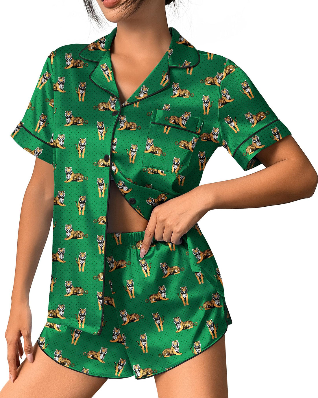 Ekouaer Womens Silk Satin Pajama Set Print Short Sleeve Sleepwear Button Down Pjs Shorts Set Loungewear