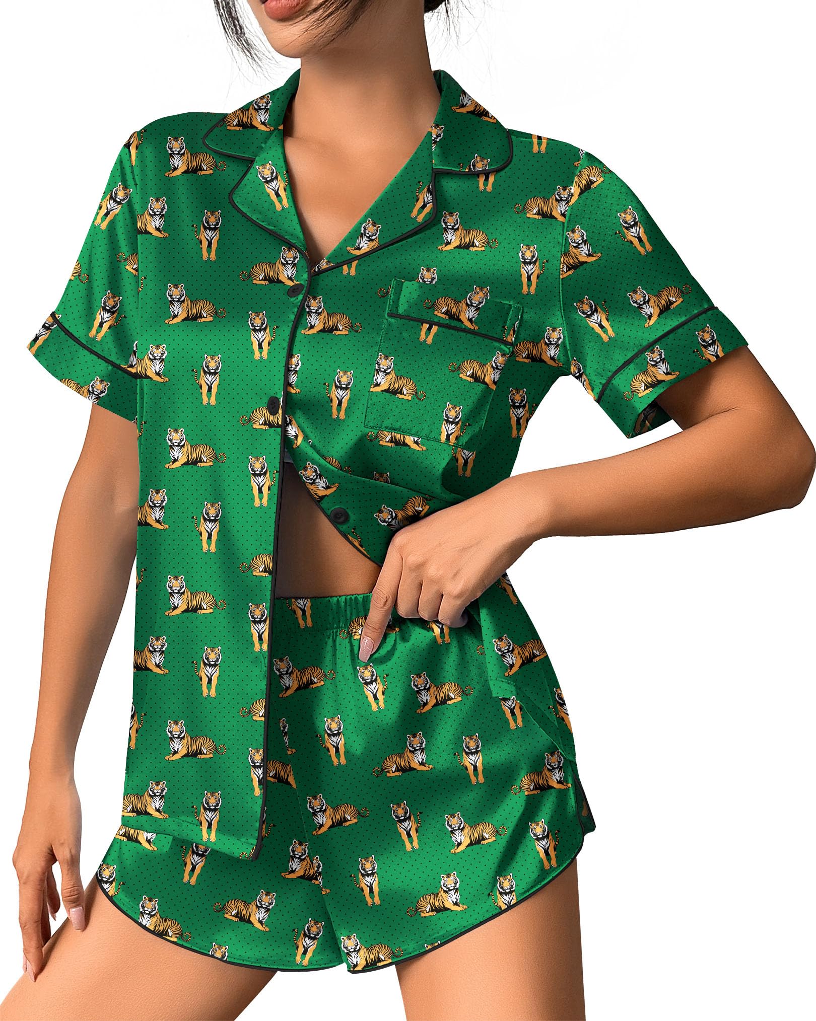 Ekouaer Womens Silk Satin Pajama Set Print Short Sleeve Sleepwear Button Down Pjs Shorts Set Loungewear