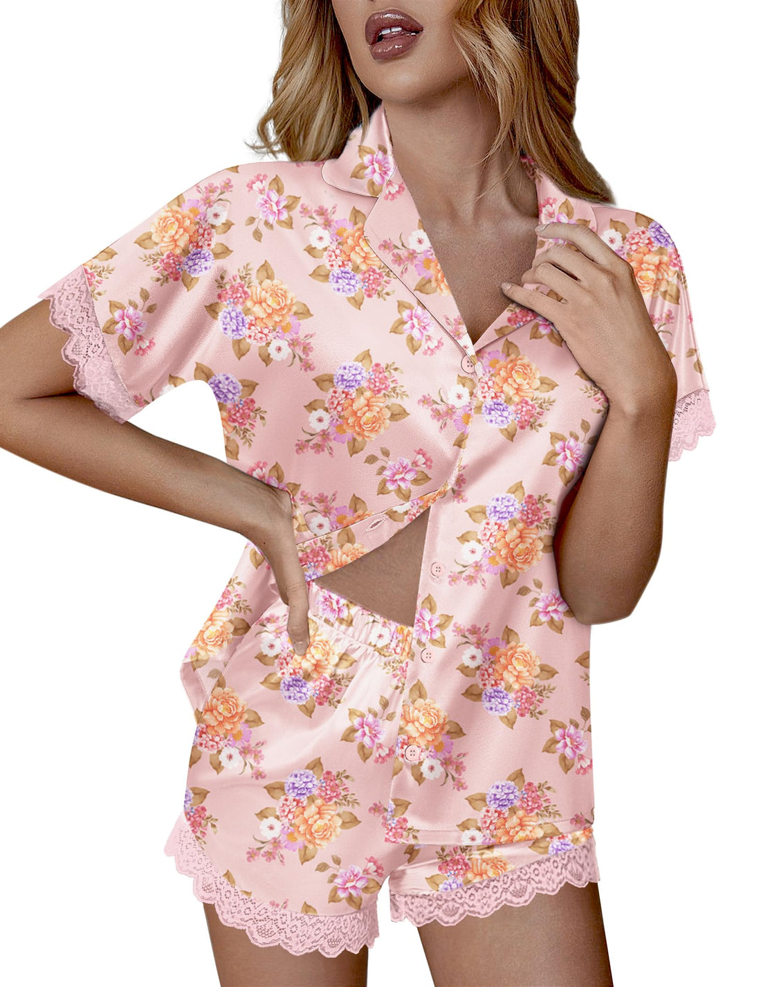 Ekouaer Women Lace Satin Pajama Set Button Down Silk Pjs Shorts Set XS-XXL