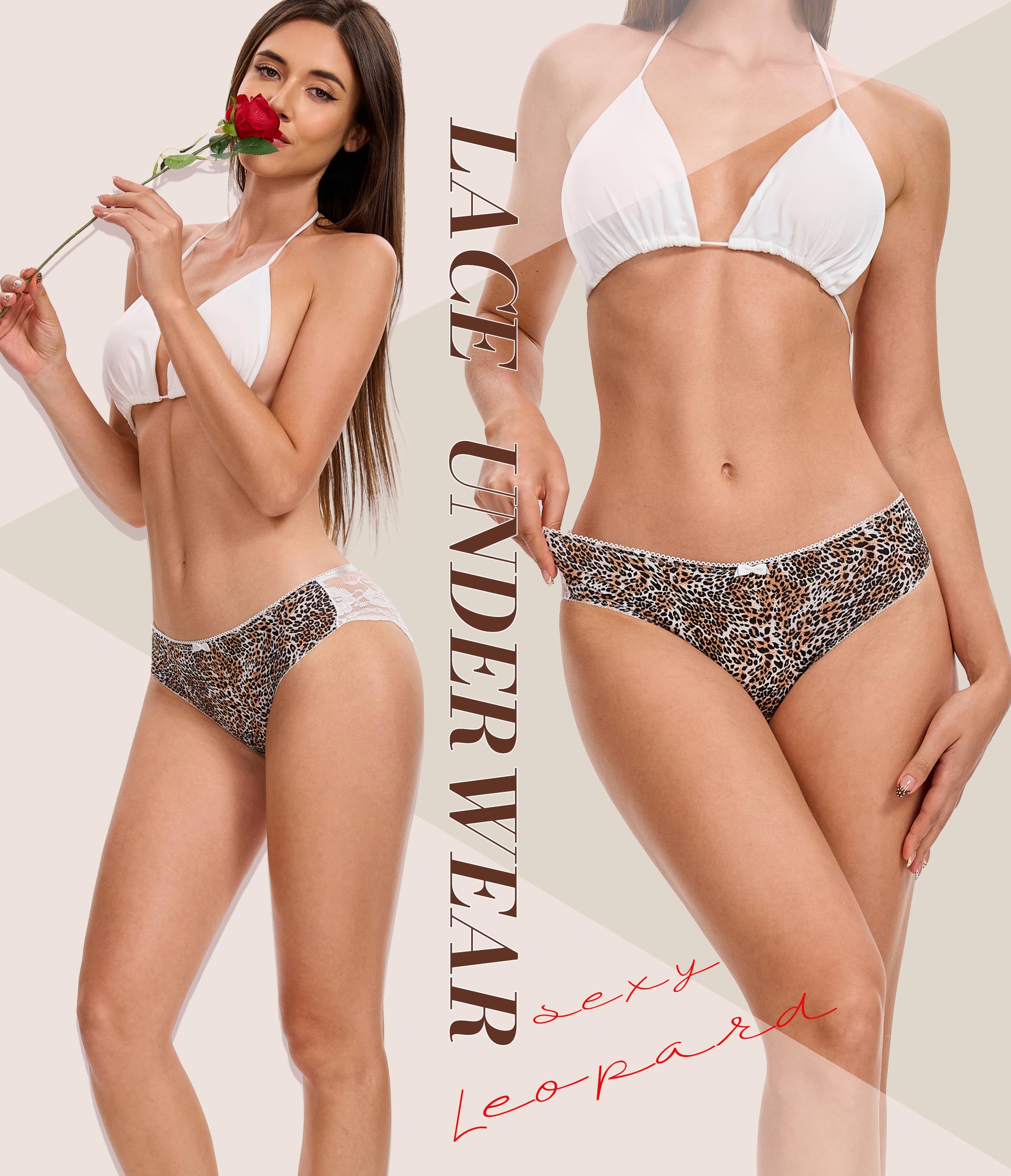 ANLIQI Leopard Print Women Underwear Lace Bikini Panties Pack Comfy Sex Hipster Soft Smooth Animal Print Brief for Ladies