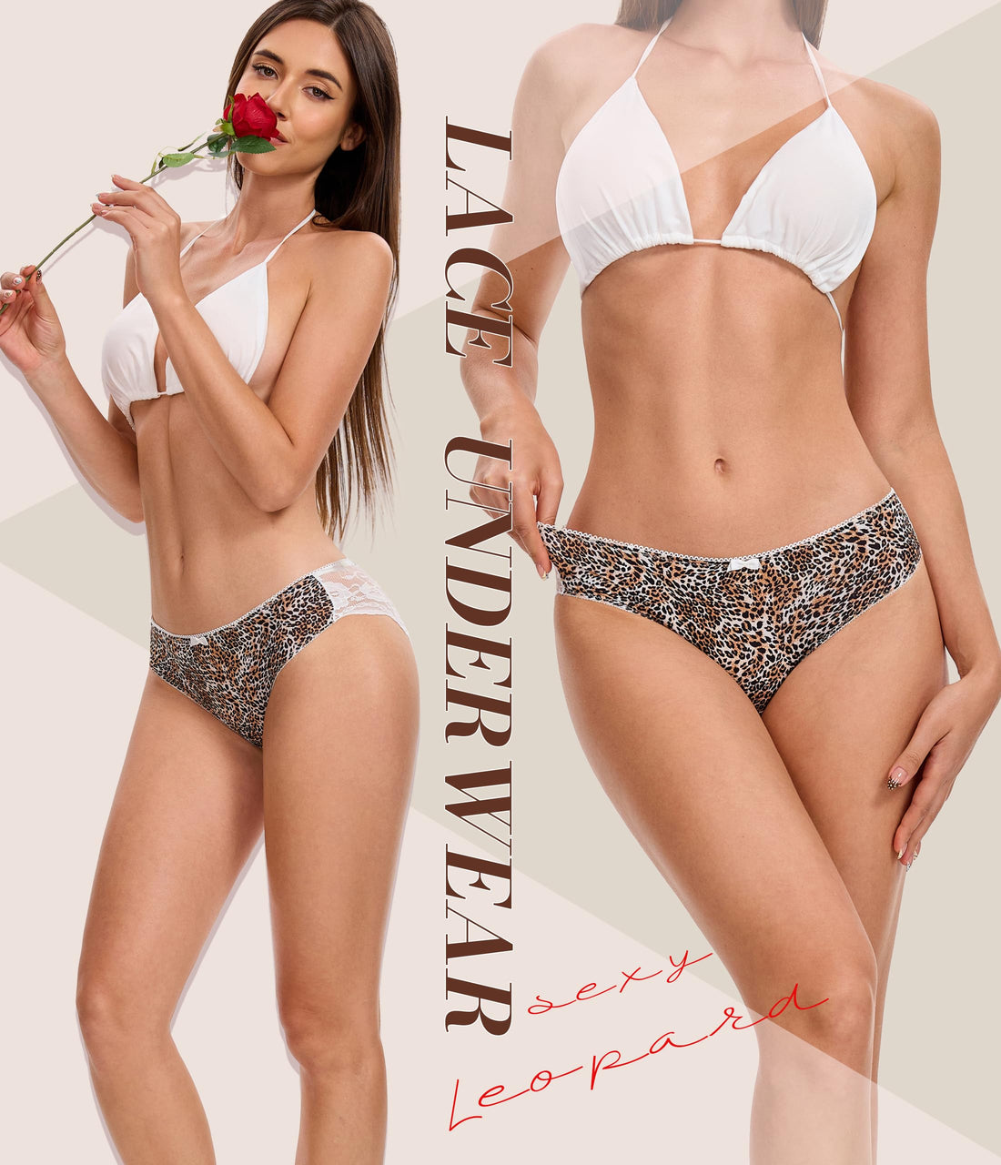 ANLIQI Leopard Print Women Underwear Lace Bikini Panties Pack Comfy Sex Hipster Soft Smooth Animal Print Brief for Ladies