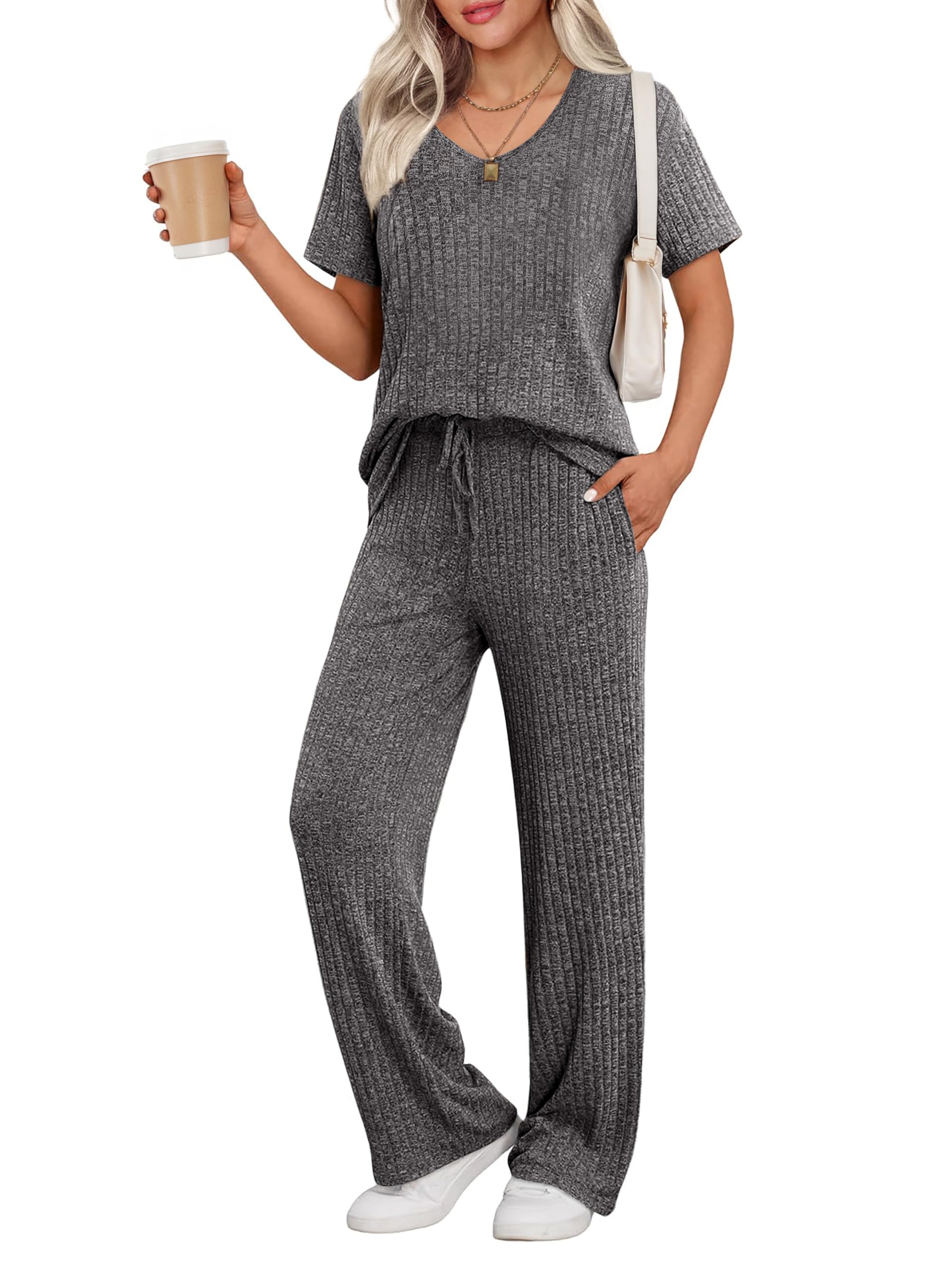 Ekouaer Womens Ribbed Knit Lounge Set Short Sleeve Top and Long Pants Sleepwear Pajama Set Two Piece Matching Outfits Set