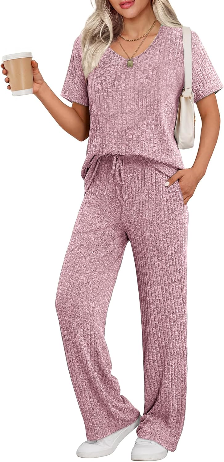 Ekouaer Womens Ribbed Knit Lounge Set Short Sleeve Top and Long Pants Sleepwear Pajama Set Two Piece Matching Outfits Set