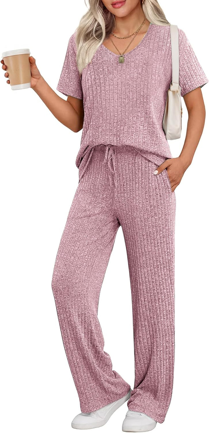 Ekouaer Womens Ribbed Knit Lounge Set Short Sleeve Top and Long Pants Sleepwear Pajama Set Two Piece Matching Outfits Set