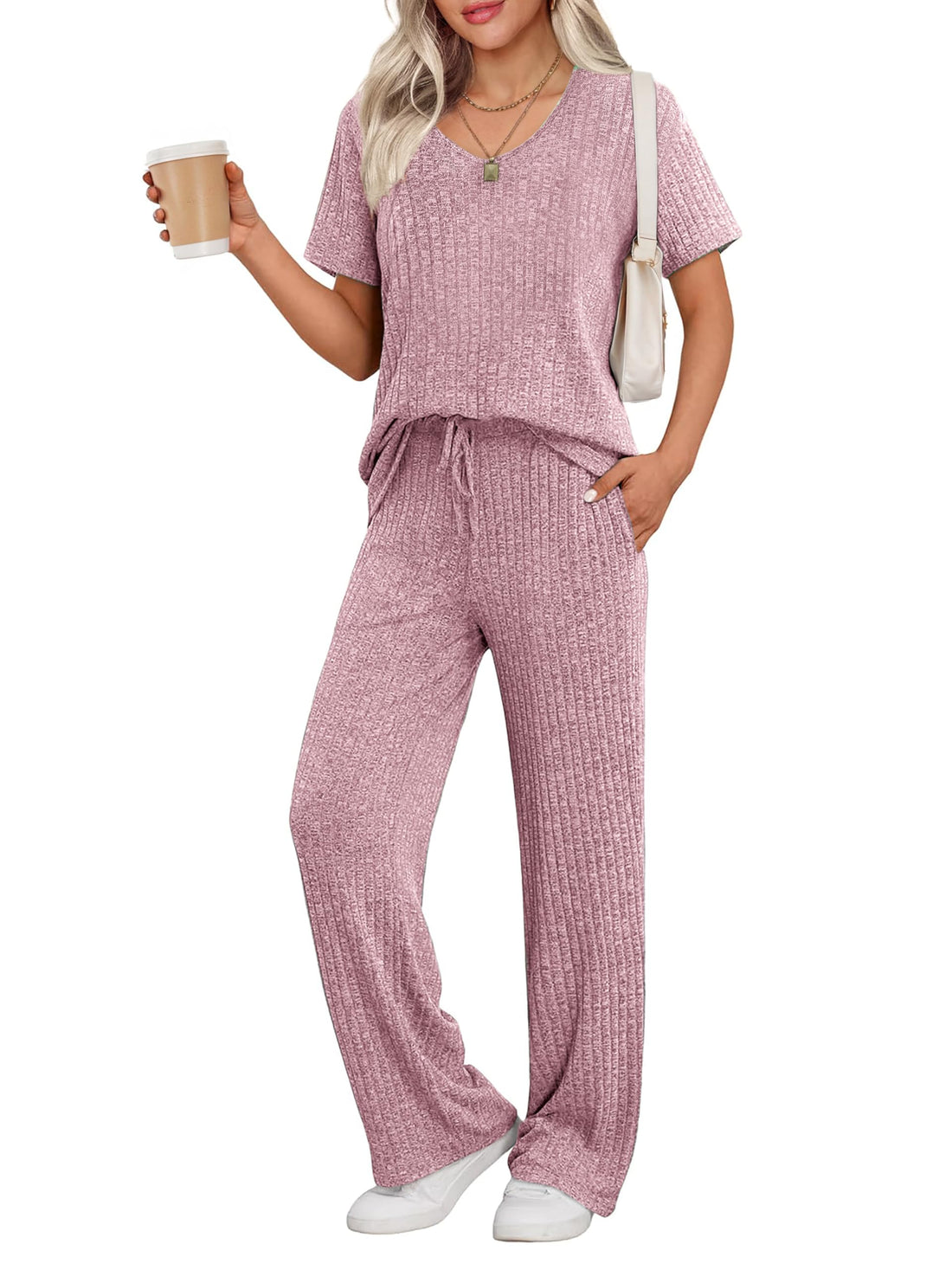 Ekouaer Womens Ribbed Knit Lounge Set Short Sleeve Top and Long Pants Sleepwear Pajama Set Two Piece Matching Outfits Set