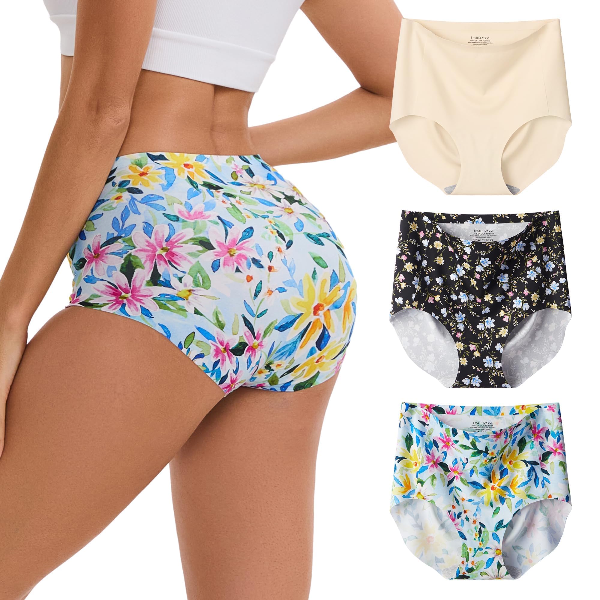 INNERSY Women's High Waist Seamless Underwear No Show Panties Full Coverage Briefs 3-Pack