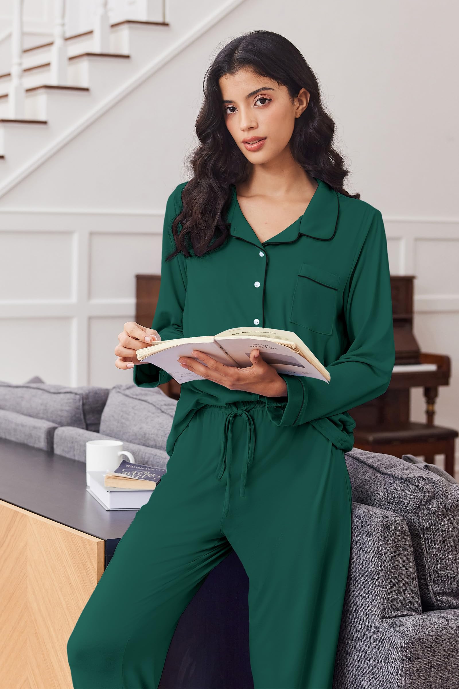 Ekouaer Women's Pajama Set Long Sleeve Lounge Set Soft Button Down Pjs