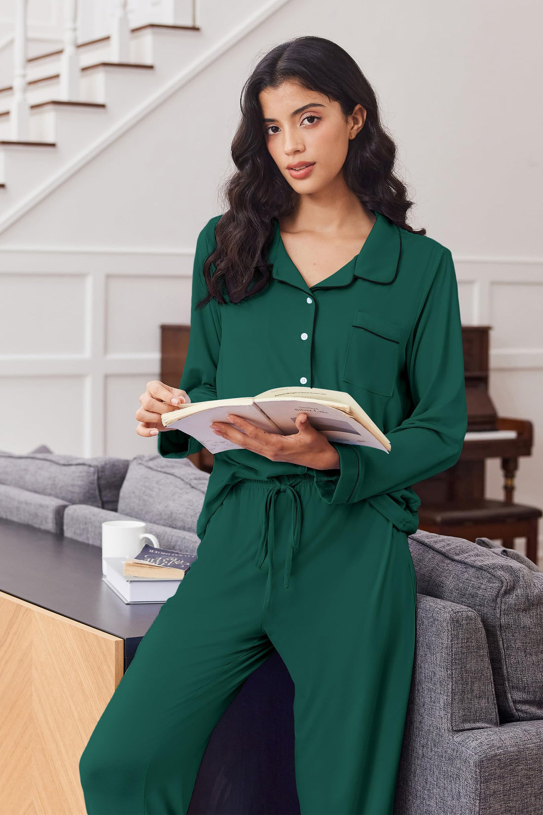 Ekouaer Women's Pajama Set Long Sleeve Lounge Set Soft Button Down Pjs