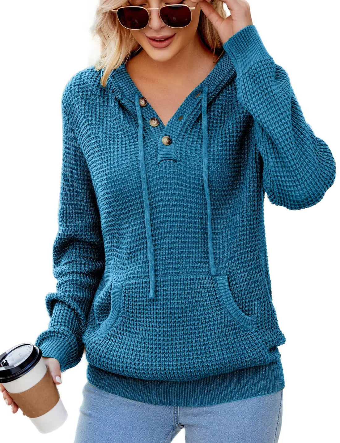 CiCiBird Women's Fall Hoodies Sweater V Neck Waffle Knit Top with Pocket | Loose Fit, V Neck Button, Adjustable Drawstring, Long Sleeve, Kangaroo Pocket, Weekend Errands, Daily Wear, Work Casual