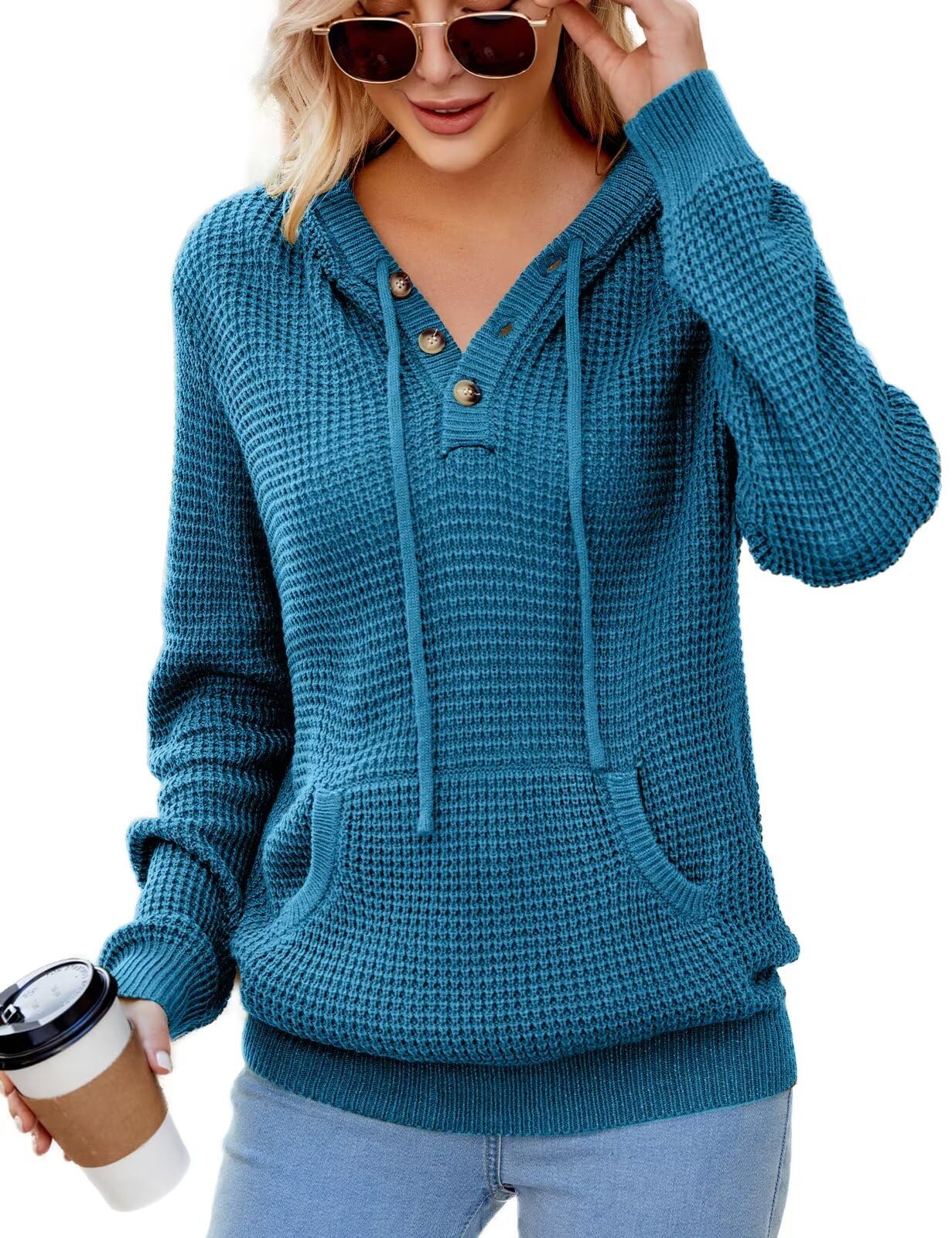 CiCiBird Women's Fall Hoodies Sweater V Neck Waffle Knit Top with Pocket | Loose Fit, V Neck Button, Adjustable Drawstring, Long Sleeve, Kangaroo Pocket, Weekend Errands, Daily Wear, Work Casual