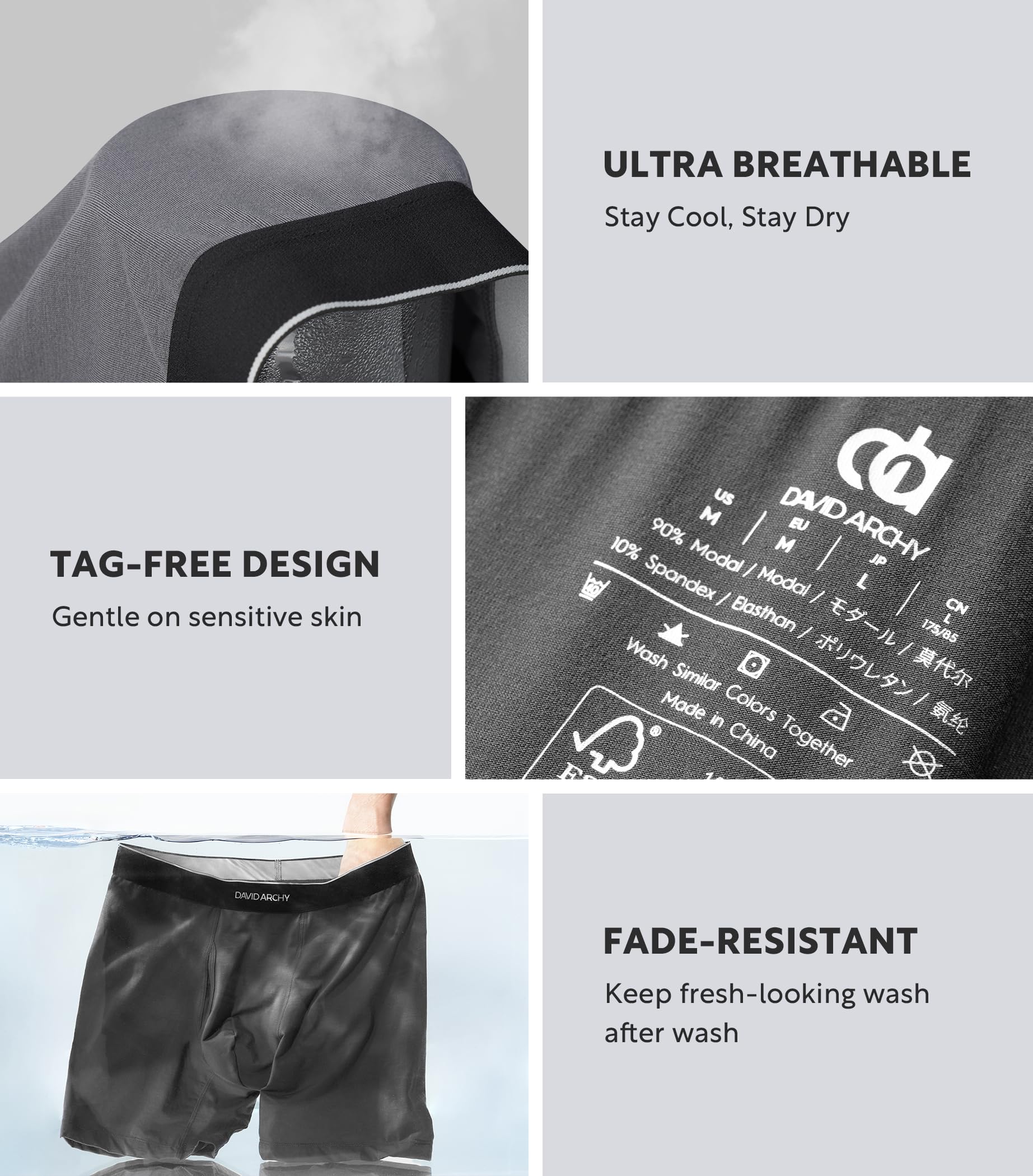 DAVID ARCHY Mens Underwear Breathable Silky Soft Modal Boxer Briefs for Men Pack 4, Wide Waistband No Ride Up