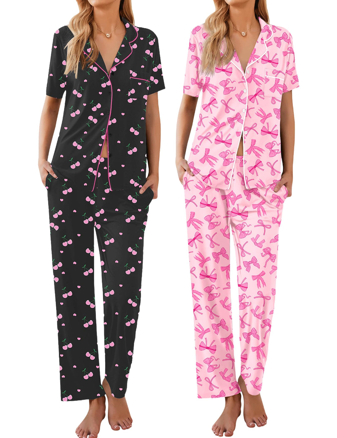 Ekouaer 2 Pack Womens Pajamas Sets Short Sleeve Pjs Button Up Sleepwear Set