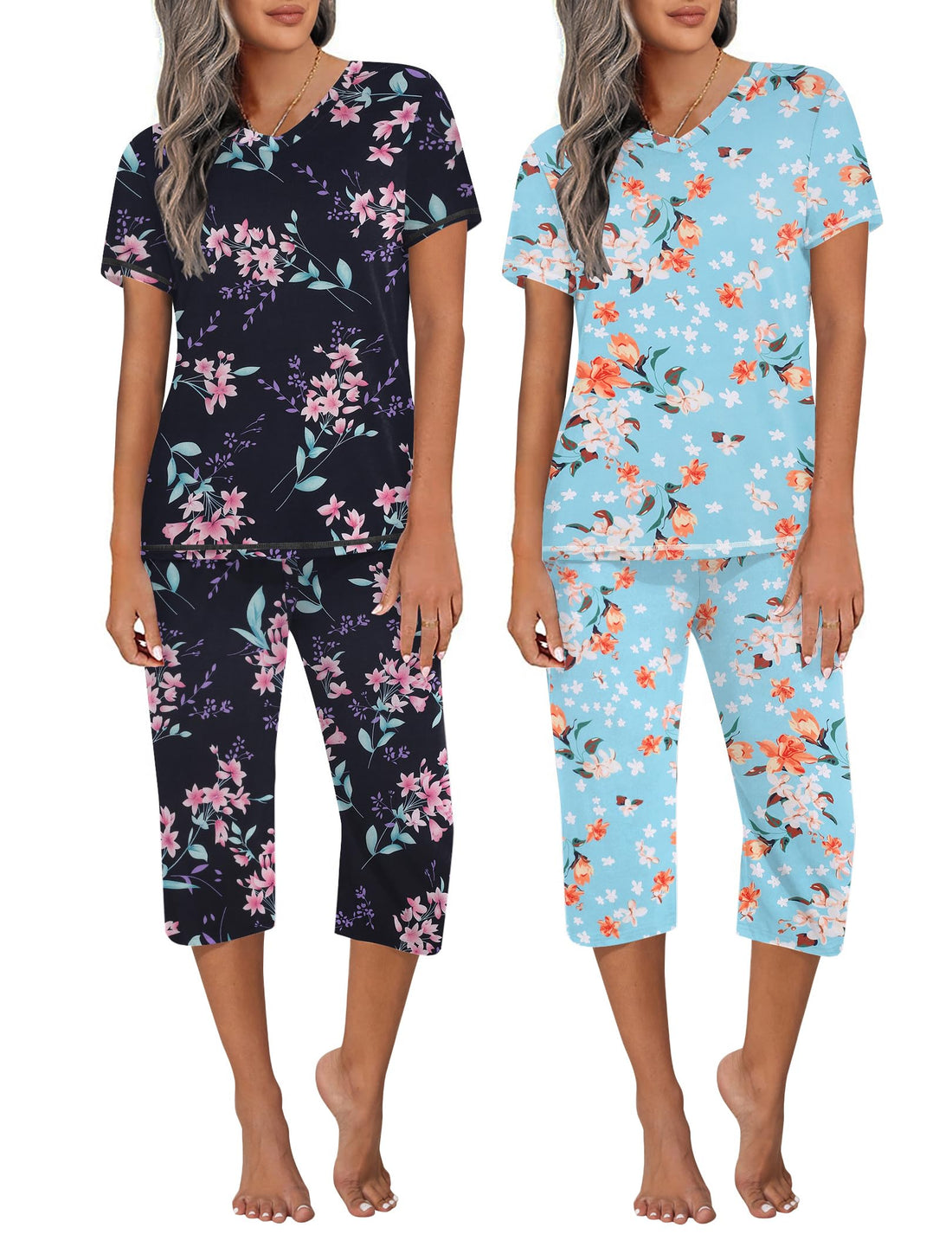 Ekouaer 2 Pack Women's Capri Pajama Sets Short Sleeve Two-Piece Pjs V Neck Tops & Pants Printed Lounge Sets S-3XL