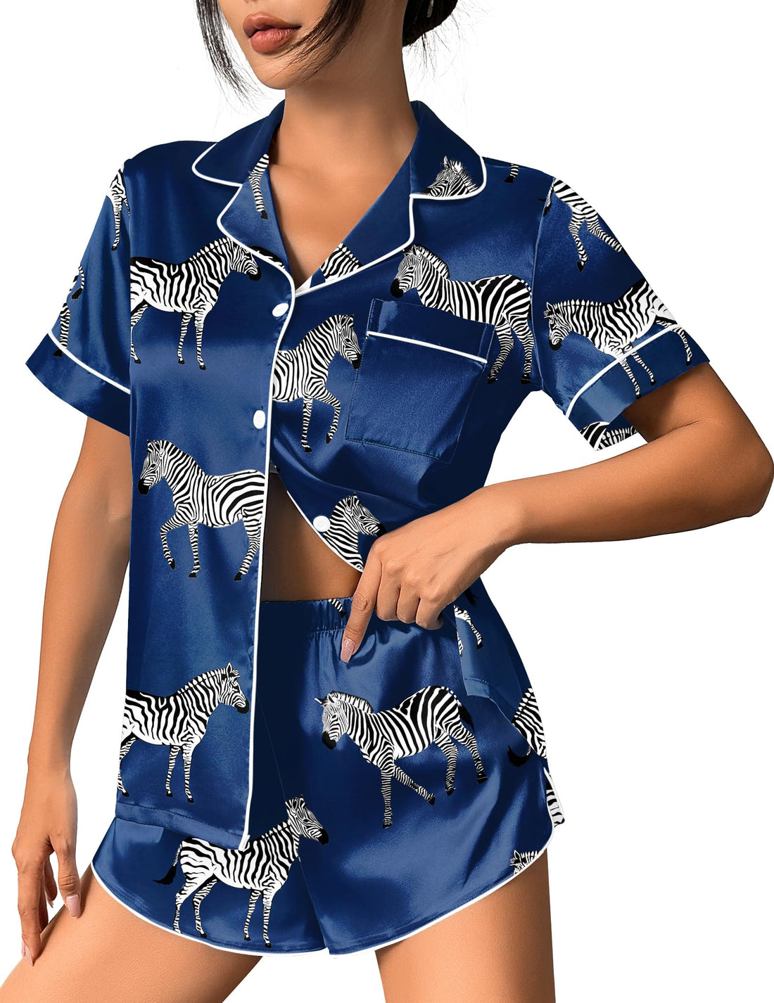 Ekouaer Womens Silk Satin Pajama Set Print Short Sleeve Sleepwear Button Down Pjs Shorts Set Loungewear