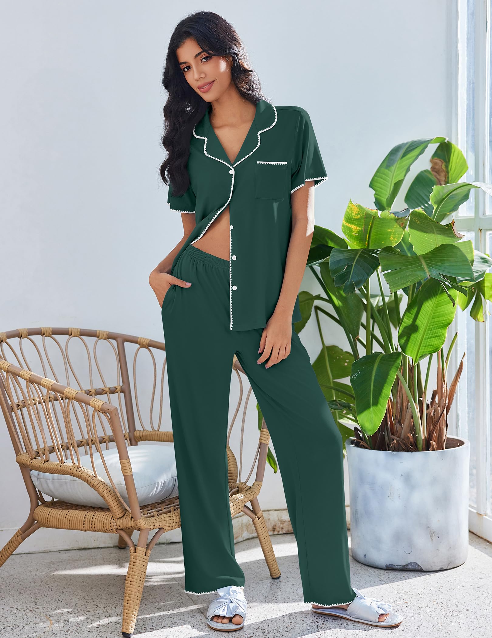 Ekouaer Pajamas for Women Set Button Up Soft Pjs Short Sleeve Lounge Sets