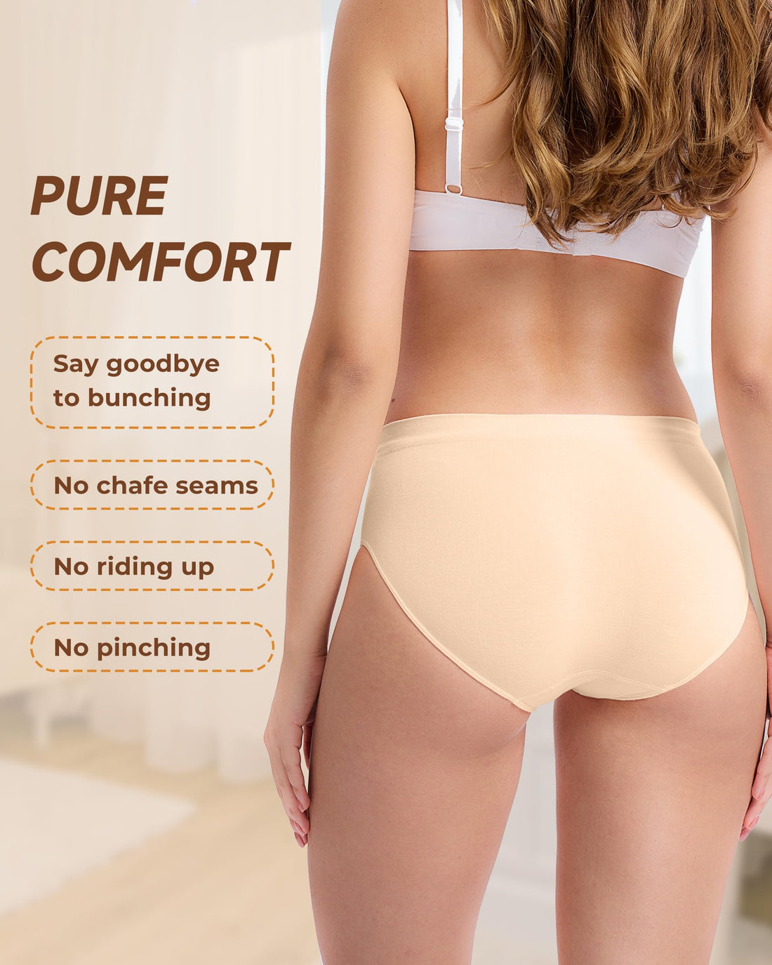Women's Bamboo Seamless Bikini Panties Moisture-Wicking Stretchy Breathable Hipster Coverage Ladies Underwear 6-pack