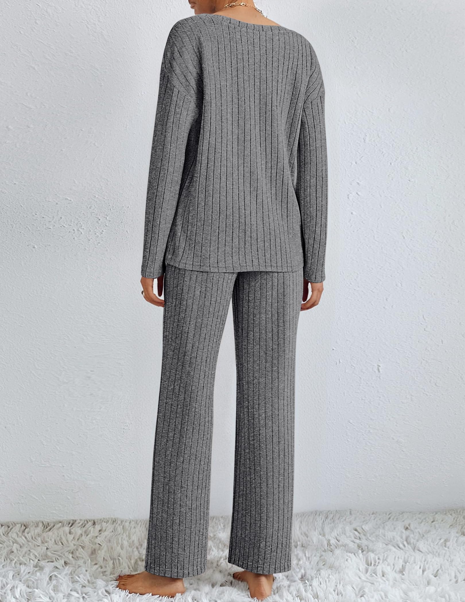 Ekouaer Lounge Sets for Women Long Sleeve Knit Ribbed Pajama Sets 2 Piece Casual Loungewear with Pockets