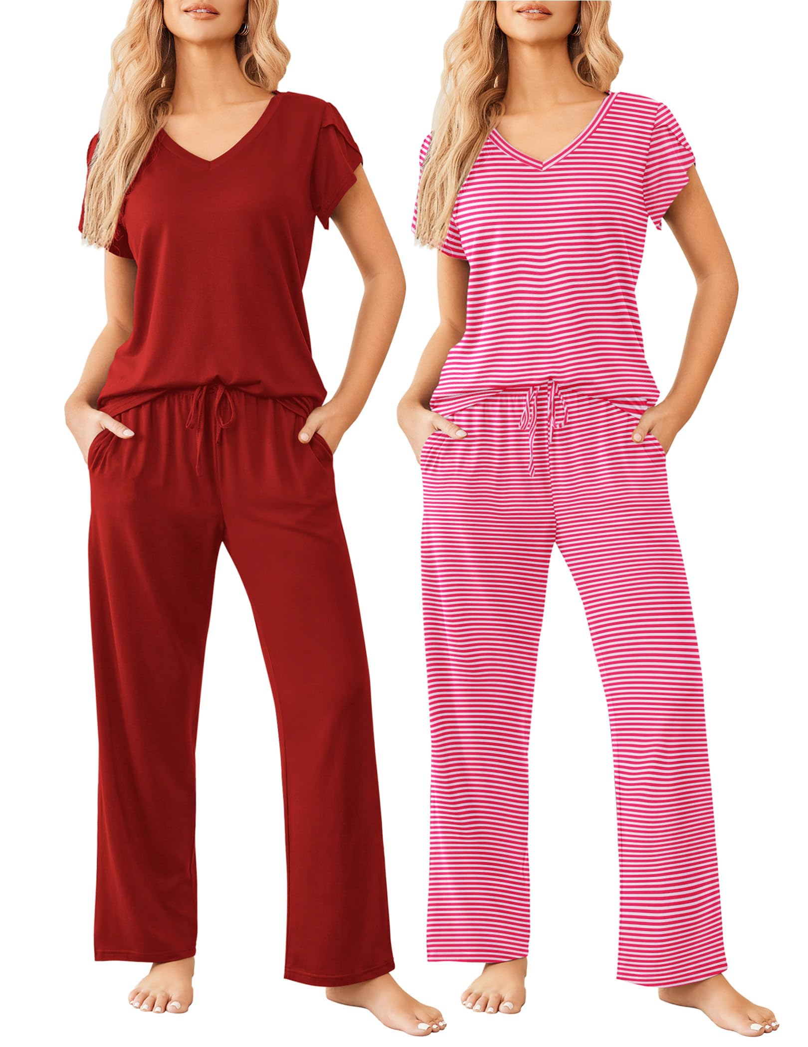 Ekouaer 2 Pack Womens Pajama Set Short Sleeve Sleepwear Soft Pjs Lounge Set