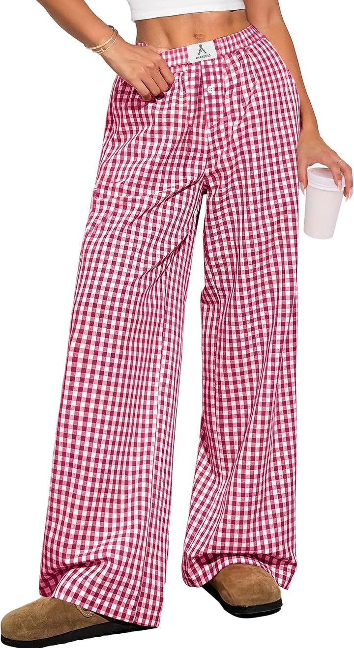 ANRABESS Womens Gingham Striped Boxer Pants