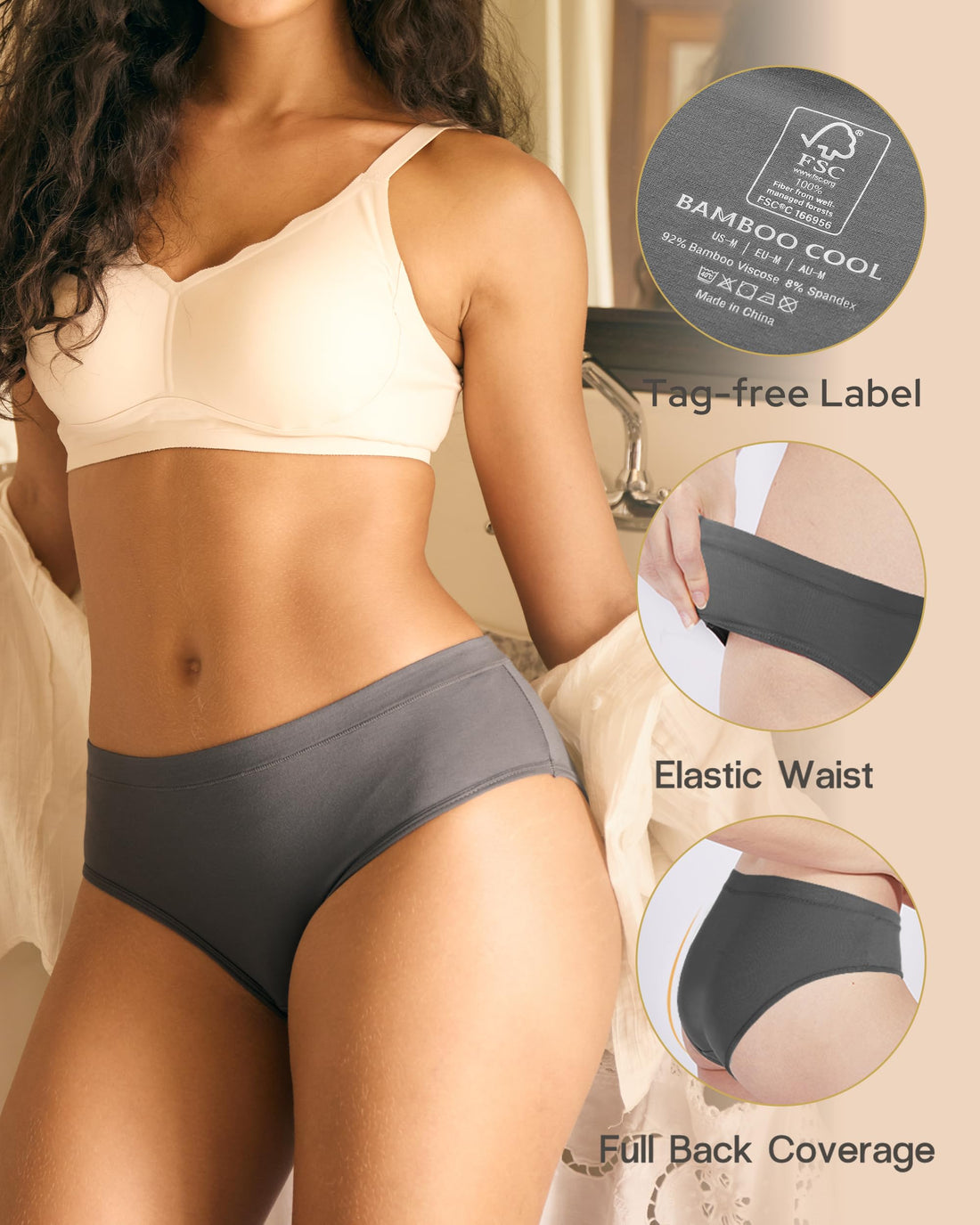 BAMBOO COOL Womens Underwear, Moisture-Wicking Briefs, Soft and Breathable Panties, Mid Waist, 5-Pack