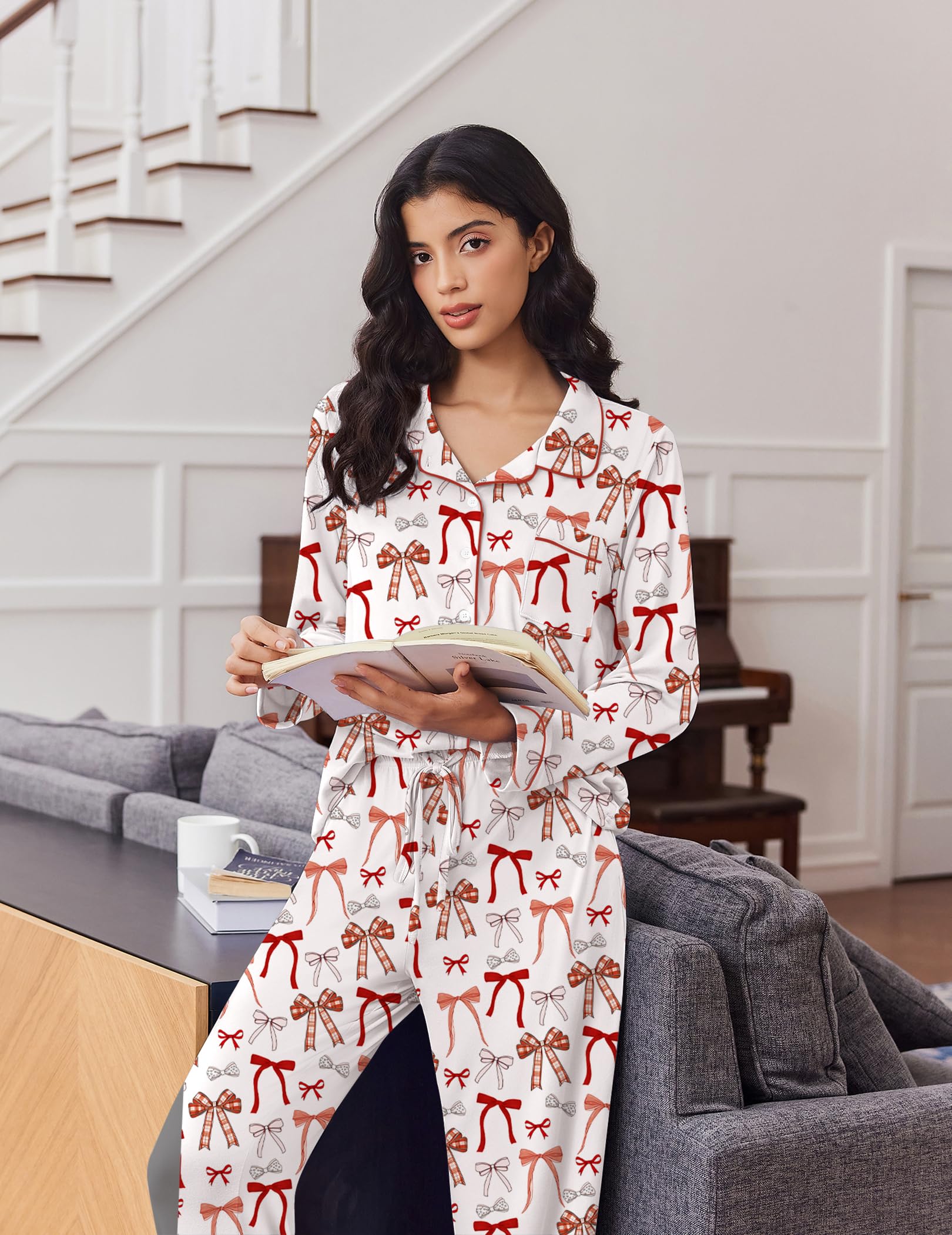 Ekouaer Women's Pajama Set Long Sleeve Lounge Set Soft Button Down Pjs