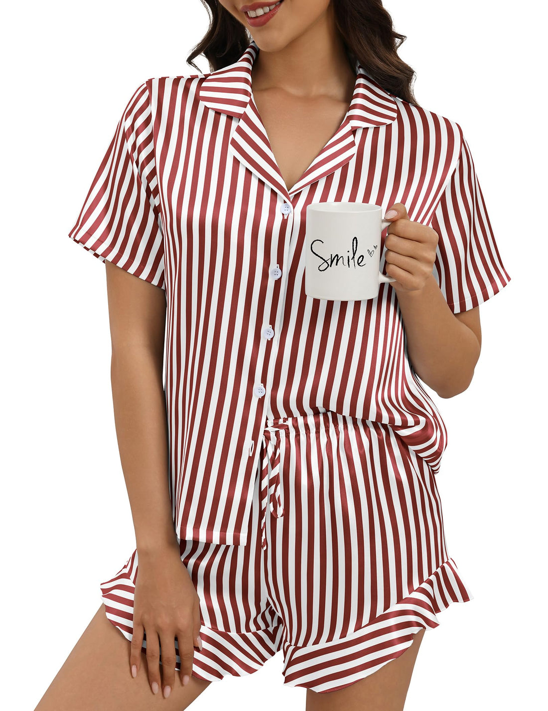 Silk Pajamas for Women Button Down 2 Piece Satin Pjs Shorts Set Ruffle Notch Collar Sleepwear Loungewear