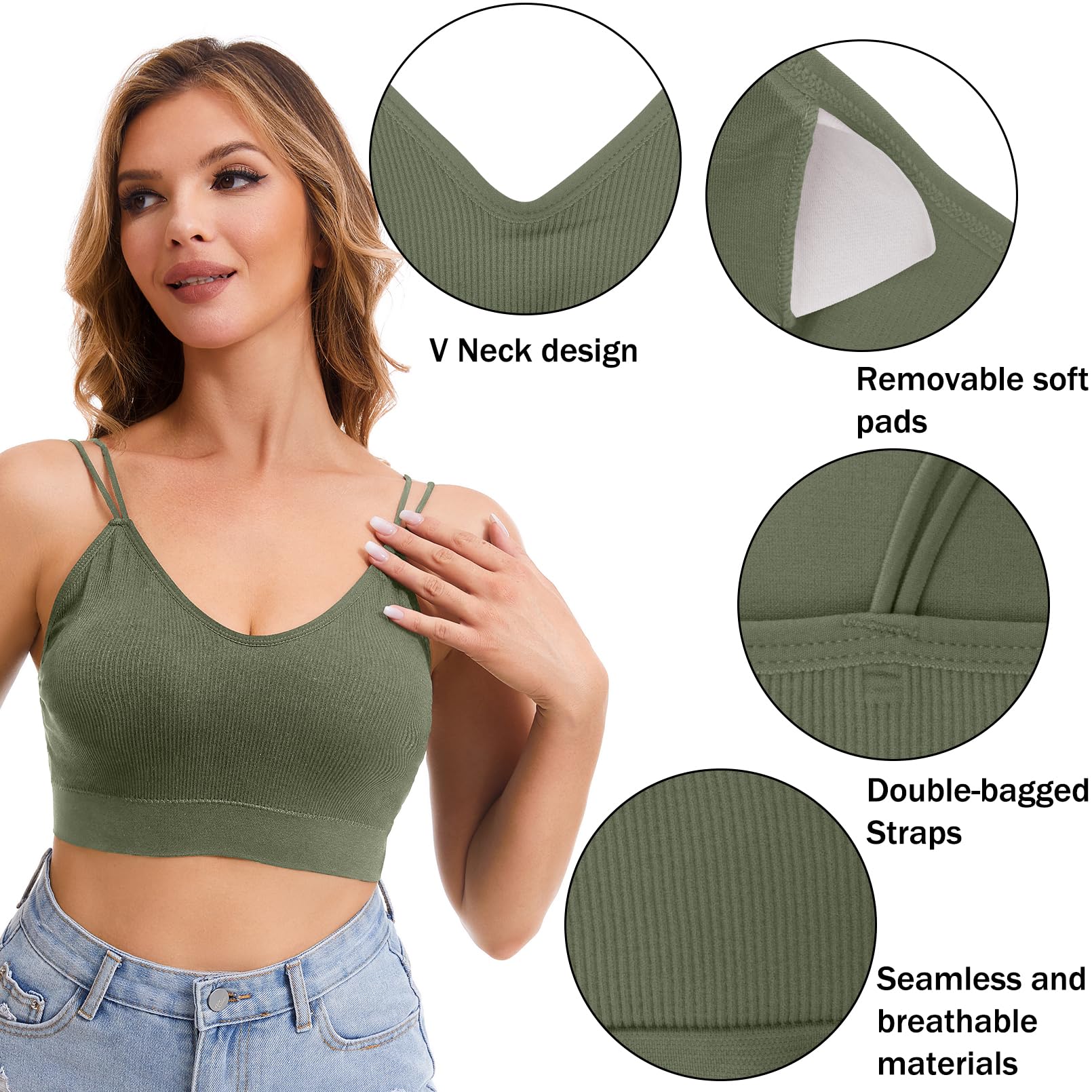 BQTQ 6 Pcs V Neck Bralettes for Women Padded Bralette with Straps Seamless Bra