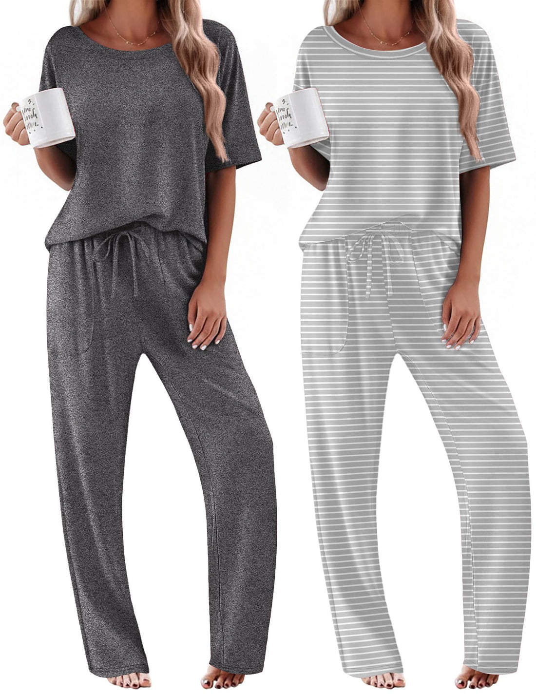 Ekouaer 2 Pack Womens Pajamas Sets Short Sleeve Long Pants Pjs Lounge Set
