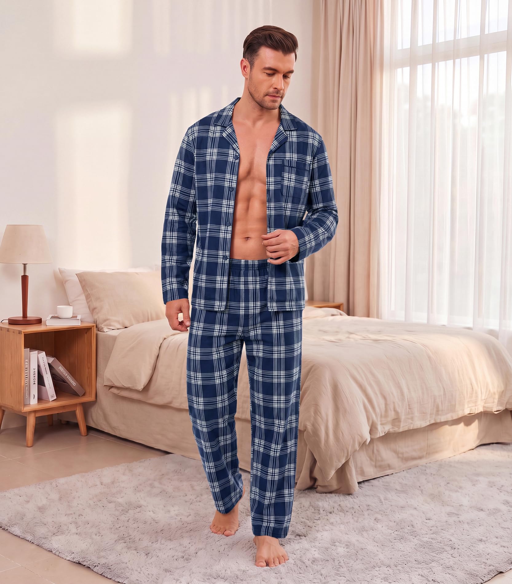 Ekouaer Mens Pajamas Set Long Sleeve Button Down Pjs Long Pants with Pocket