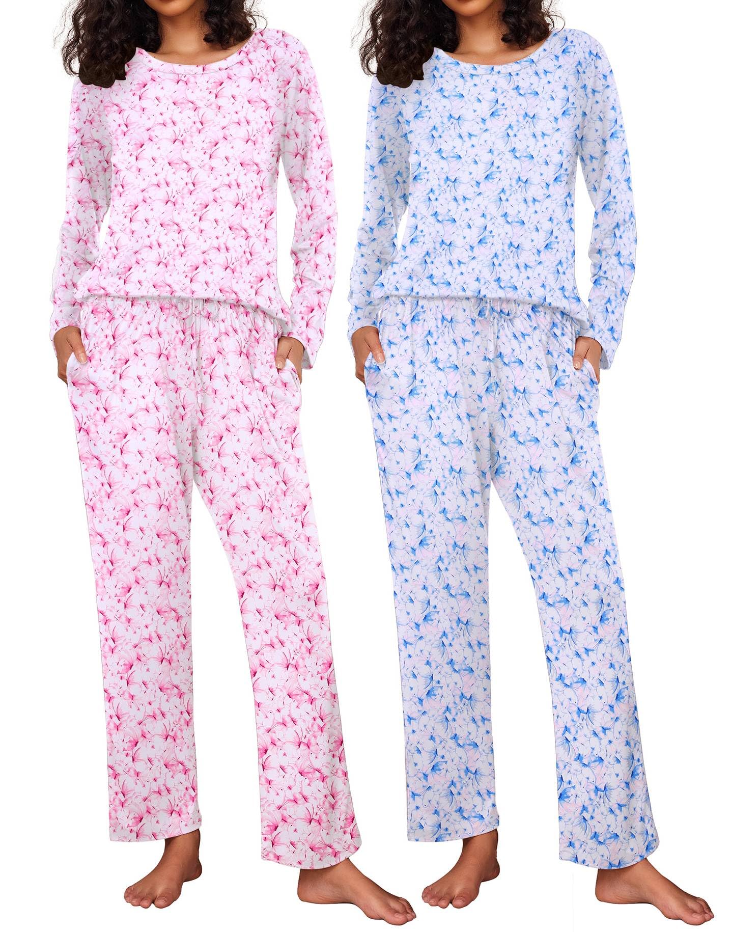 Ekouaer Women's 2 Pack Pajama Sets Long Sleeve Lounge Set Soft Comfy Pjs
