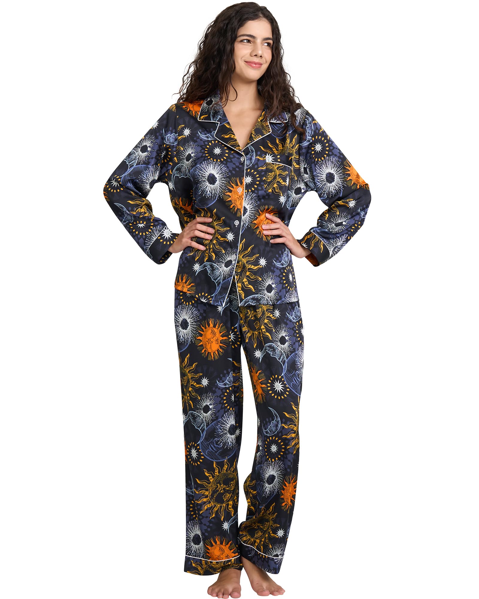 YiNi LuLu Womens Silk Satin Pajamas Set Button Down 2 Piece Pjs Long Sleeve Oversized Sleepwear with Pockets