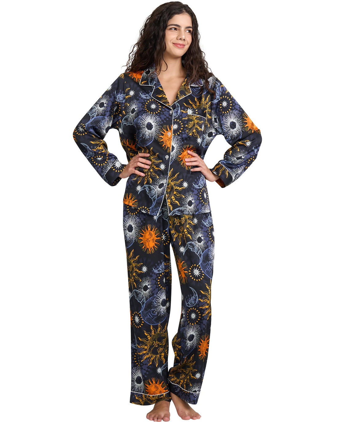 YiNi LuLu Womens Silk Satin Pajamas Set Button Down 2 Piece Pjs Long Sleeve Oversized Sleepwear with Pockets