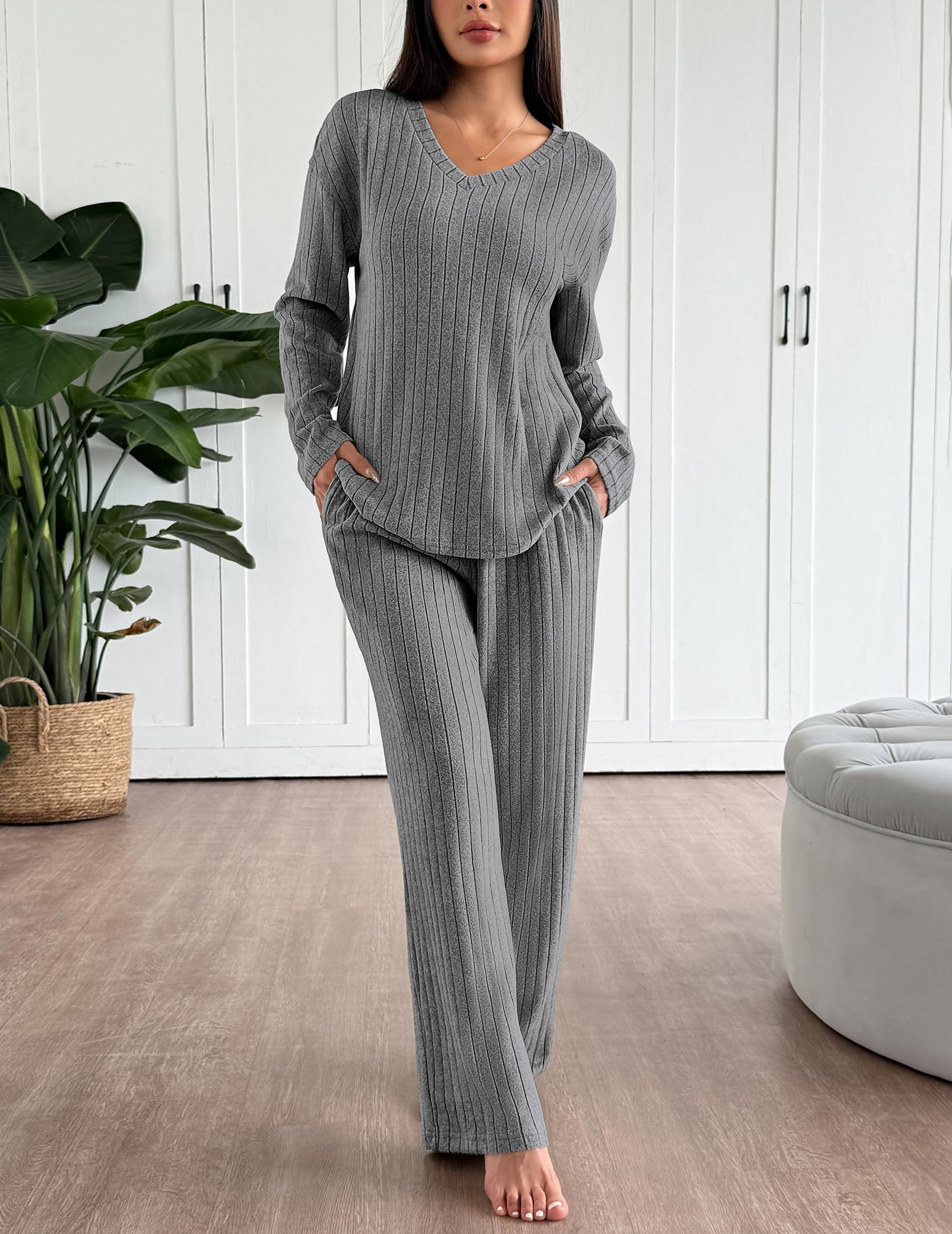 Ekouaer Lounge Sets for Women Long Sleeve Knit Ribbed Pajama Sets 2 Piece Casual Loungewear with Pockets