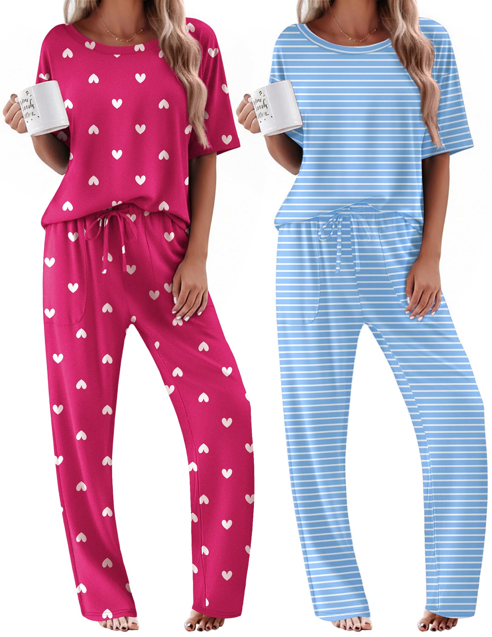 Ekouaer 2 Pack Womens Pajamas Sets Short Sleeve Long Pants Pjs Lounge Set